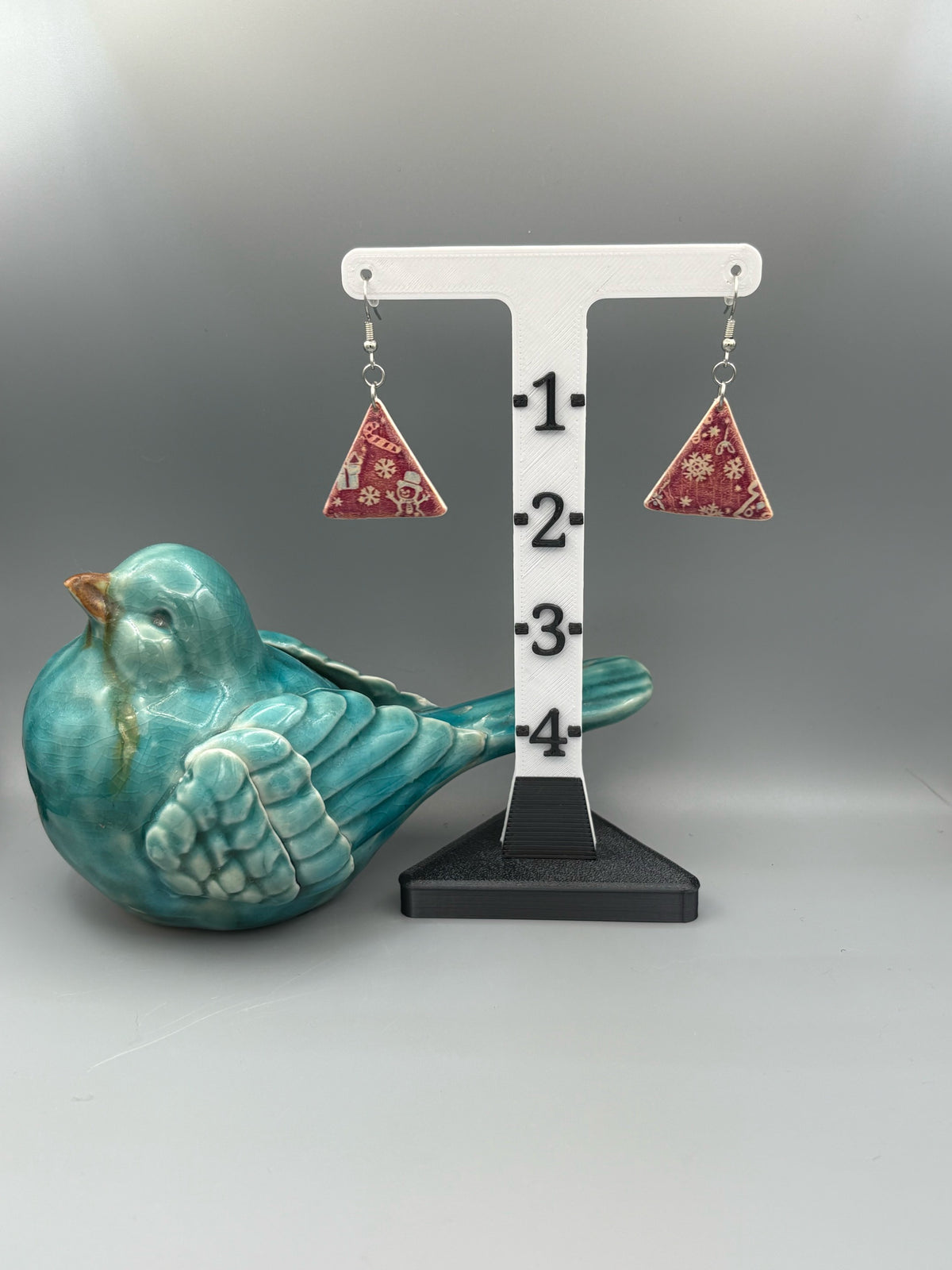 Red Christmas Pattern Triangle Dangle Earrings - handcrafted polymer clay earrings by Lakeside Clay