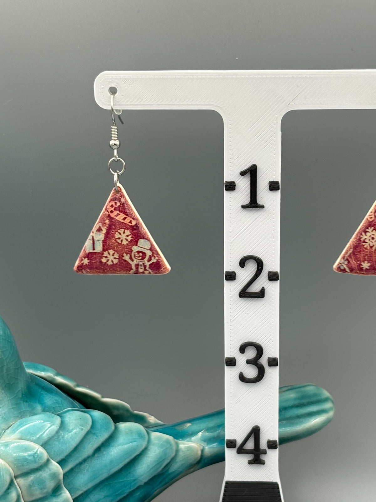 Red Christmas Pattern Triangle Dangle Earrings - handcrafted polymer clay earrings by Lakeside Clay