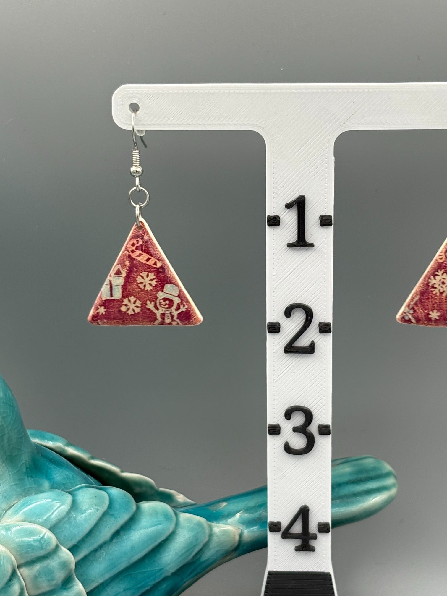 Red Christmas Pattern Triangle Dangle Earrings - handcrafted polymer clay earrings by Lakeside Clay