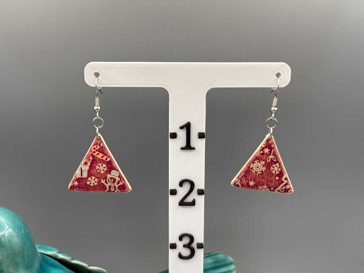 Red Christmas Pattern Triangle Dangle Earrings - handcrafted polymer clay earrings by Lakeside Clay