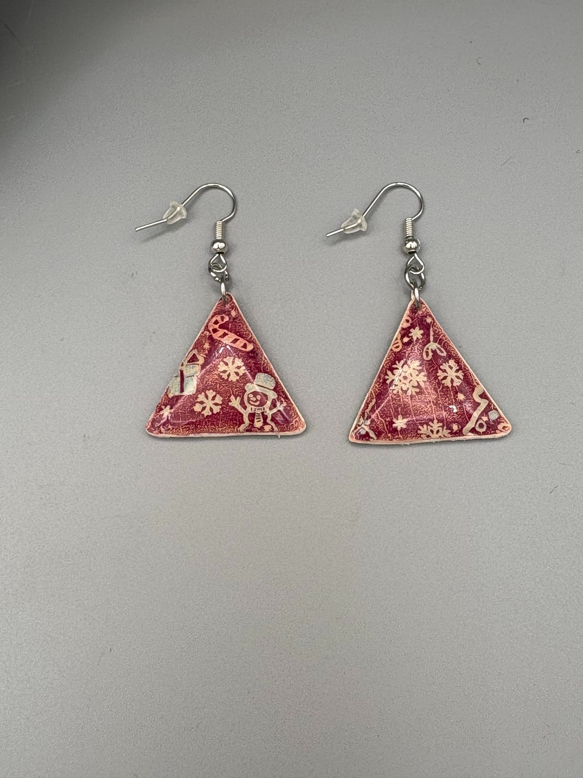 Red Christmas Pattern Triangle Dangle Earrings - handcrafted polymer clay earrings by Lakeside Clay