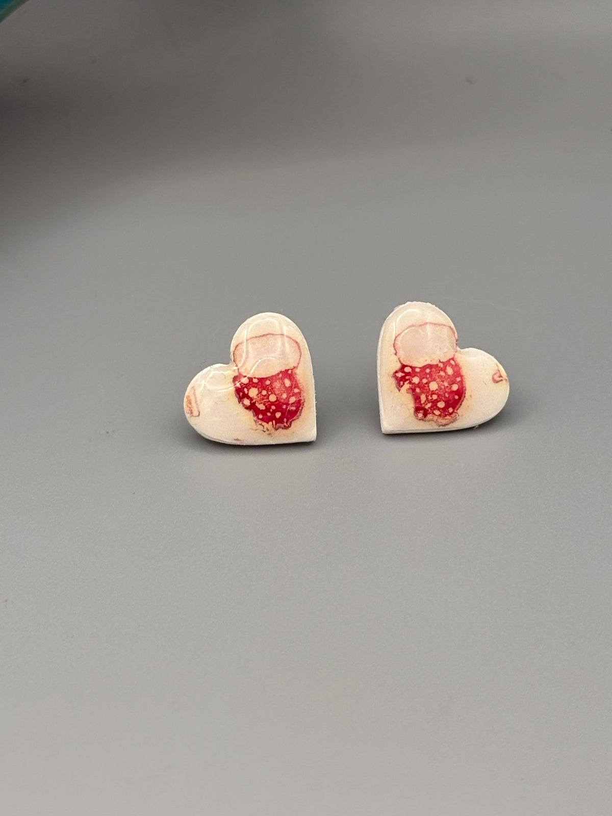 Red & White Mitten Heart Stud Earrings - handcrafted polymer clay earrings by Lakeside Clay