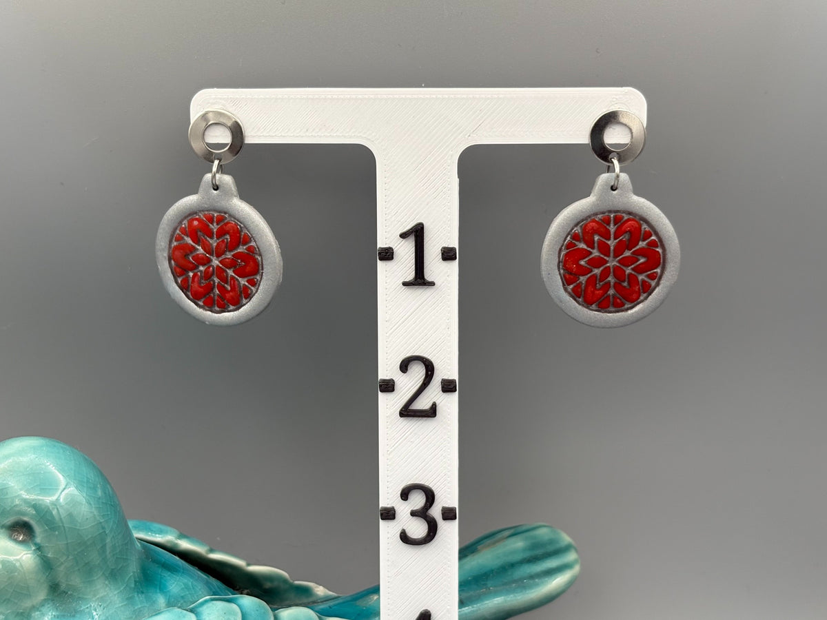 Silver & Red Bauble Dangle Earrings - handcrafted polymer clay earrings by Lakeside Clay