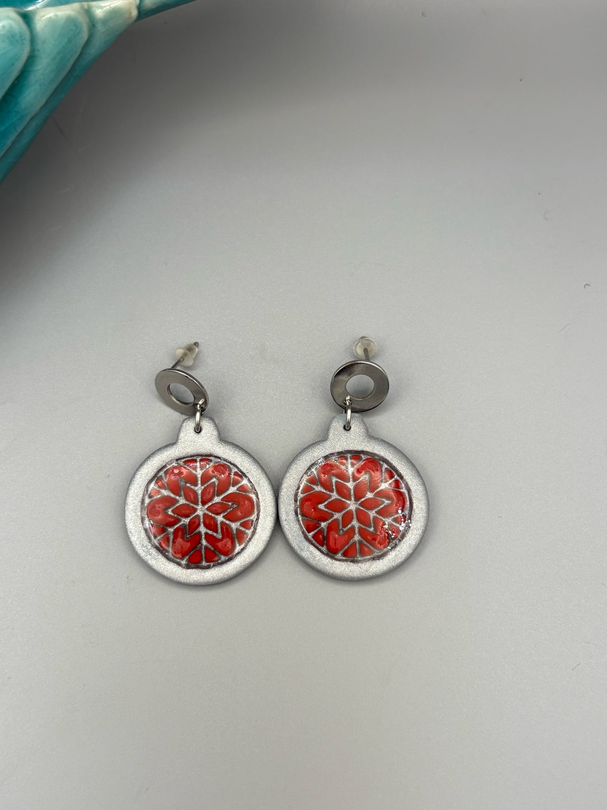 Silver & Red Bauble Dangle Earrings - handcrafted polymer clay earrings by Lakeside Clay