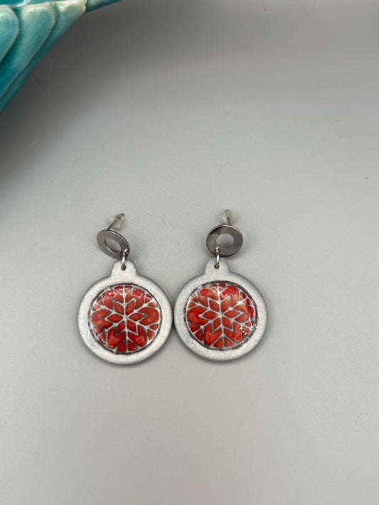 Silver & Red Bauble Dangle Earrings - handcrafted polymer clay earrings by Lakeside Clay