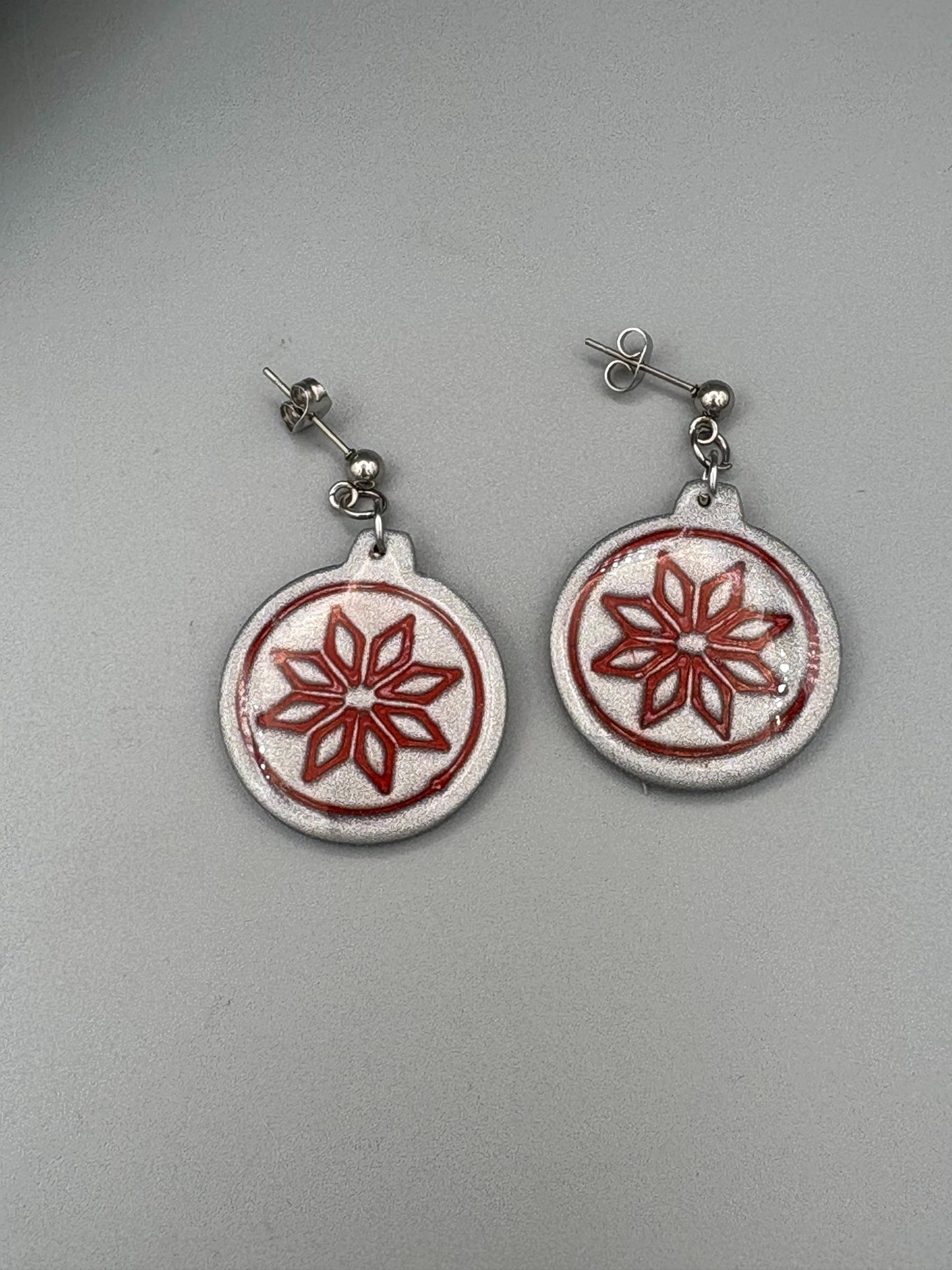 Silver & Red Bauble Dangle Earrings - handcrafted polymer clay earrings by Lakeside Clay