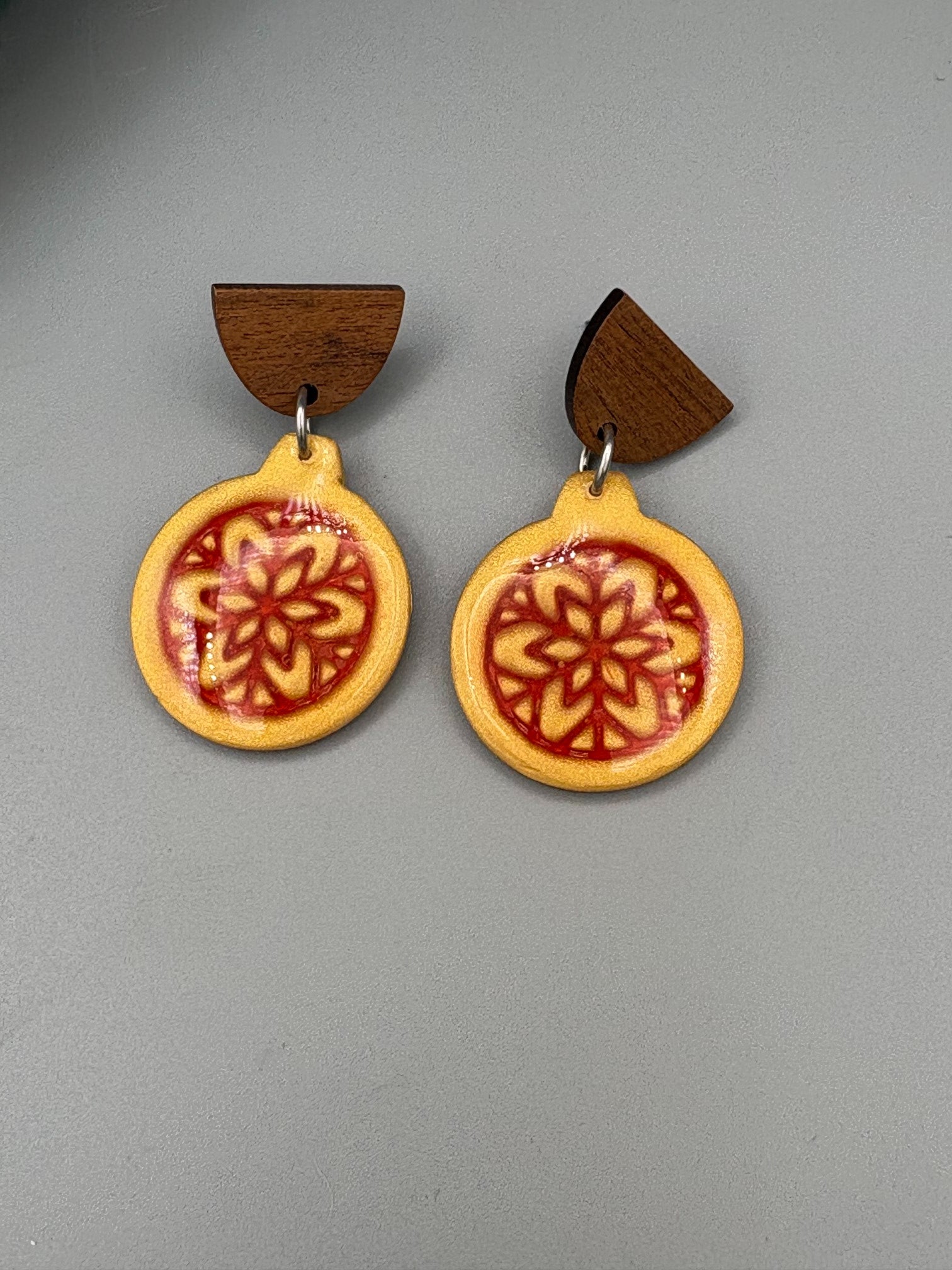 Gold & Red Bauble Dangle Earrings - handcrafted polymer clay earrings by Lakeside Clay