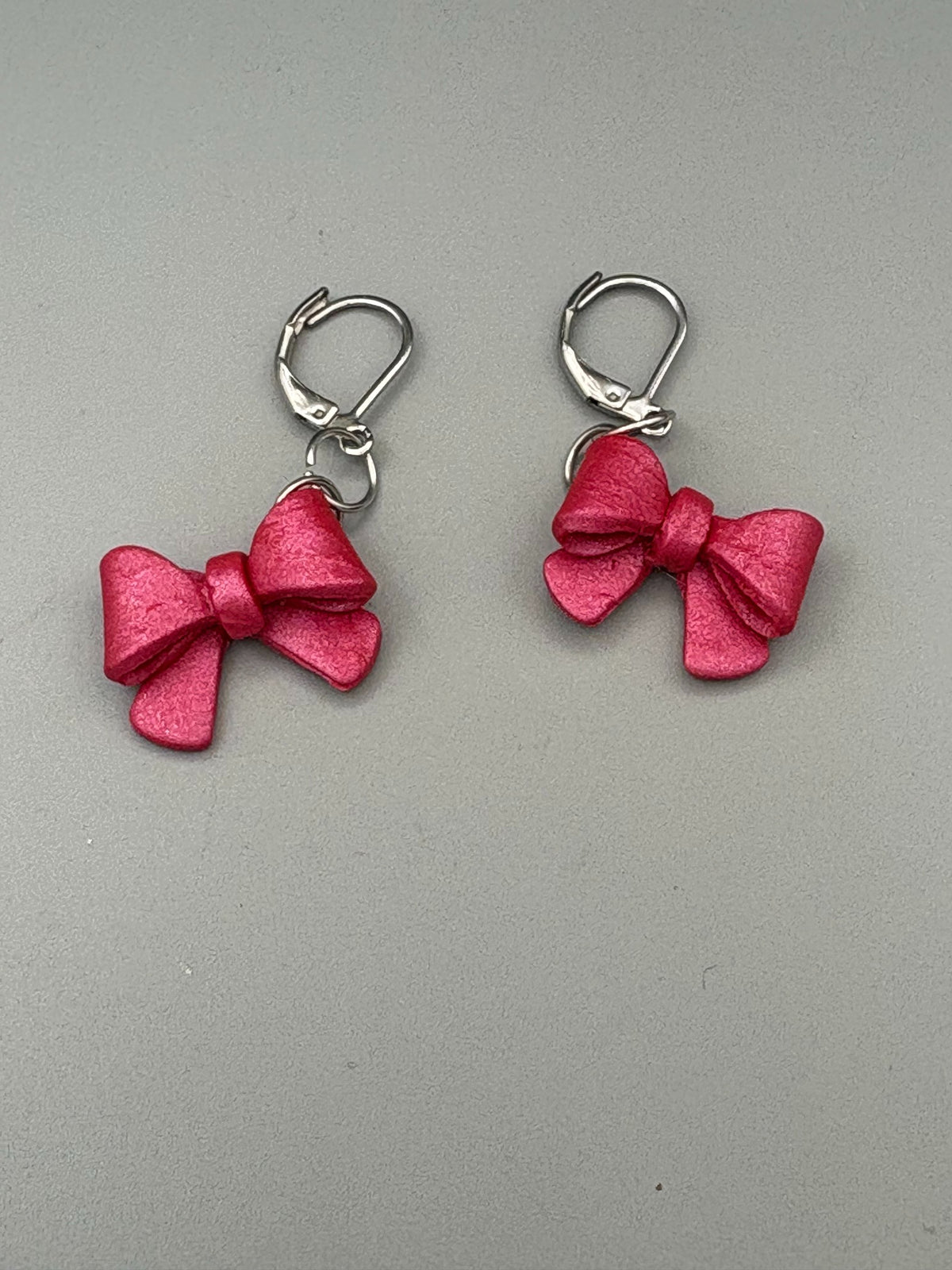 Pink Bow Dangle Earrings - handcrafted polymer clay earrings by Lakeside Clay