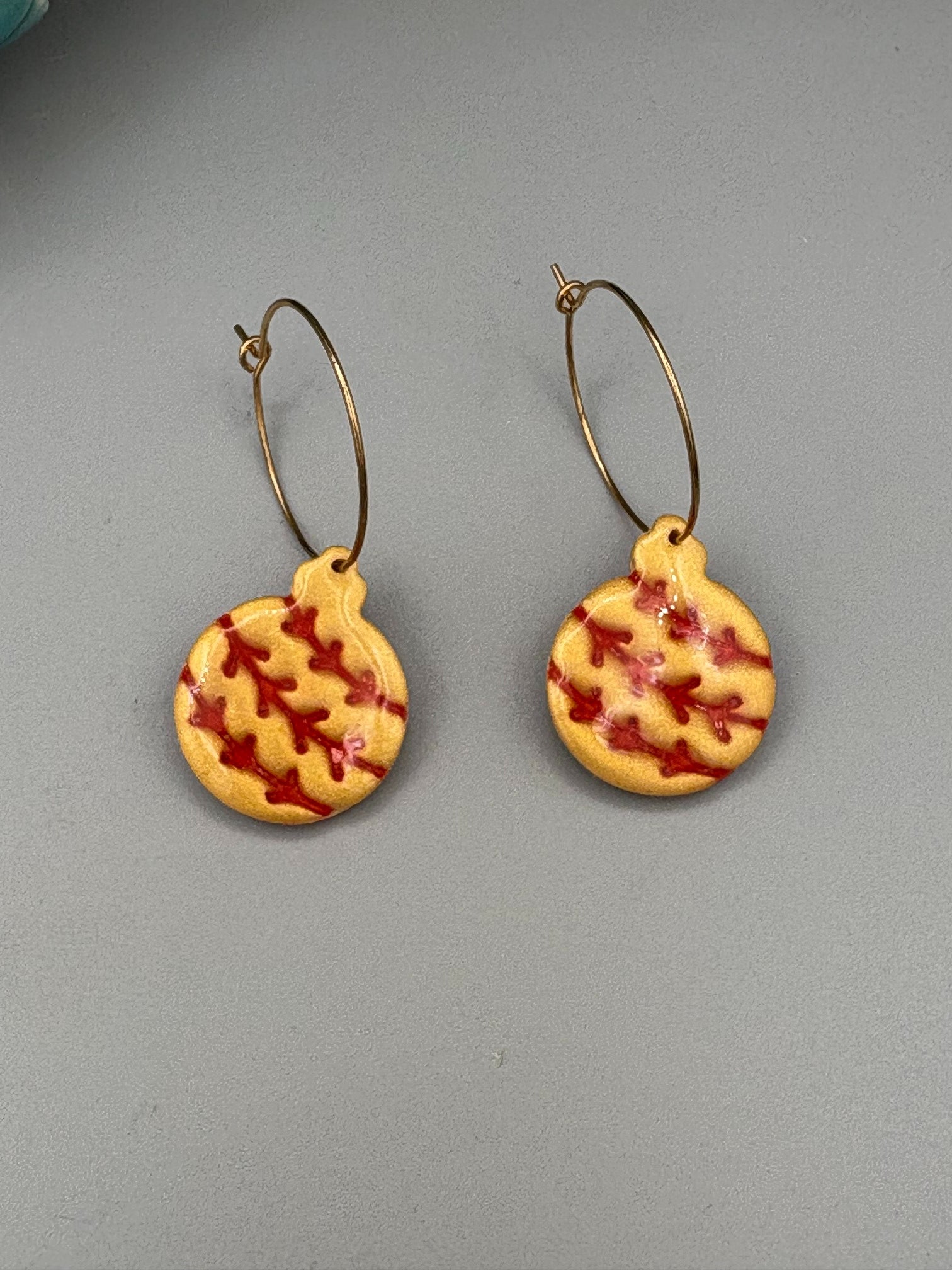 Gold & Red Bauble Hoop Earrings - handcrafted polymer clay earrings by Lakeside Clay
