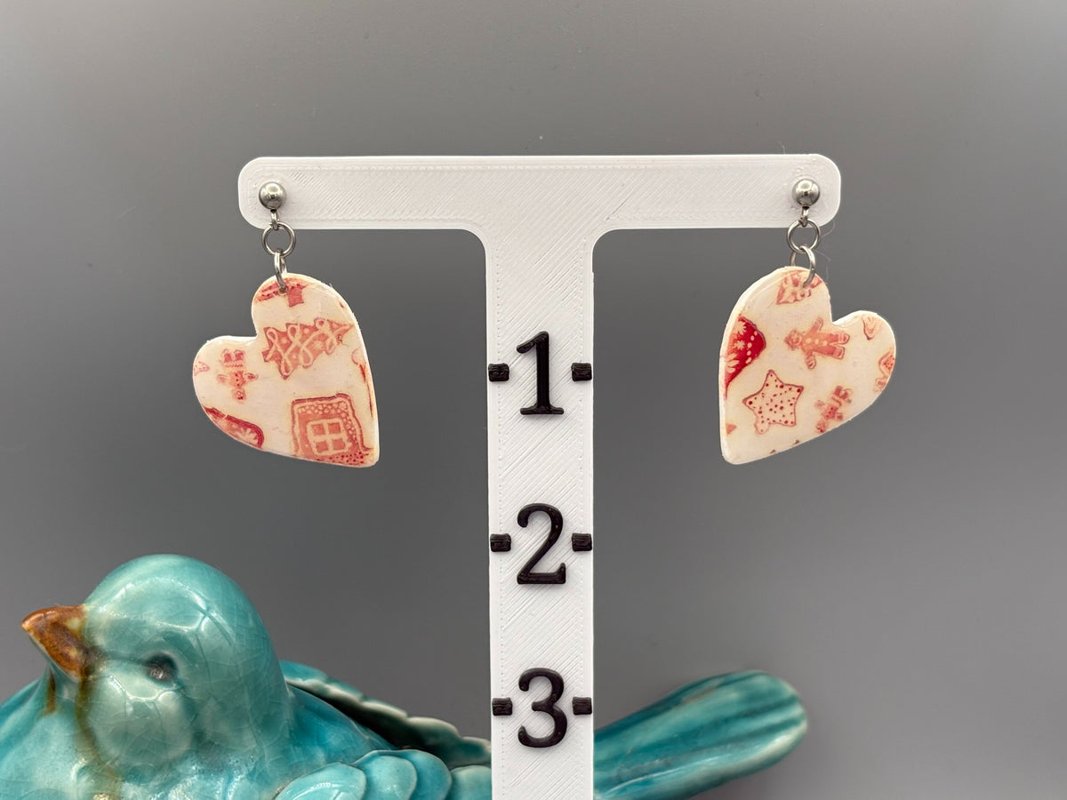 Red & White Christmas Heart DangleEarrings - handcrafted polymer clay earrings by Lakeside Clay