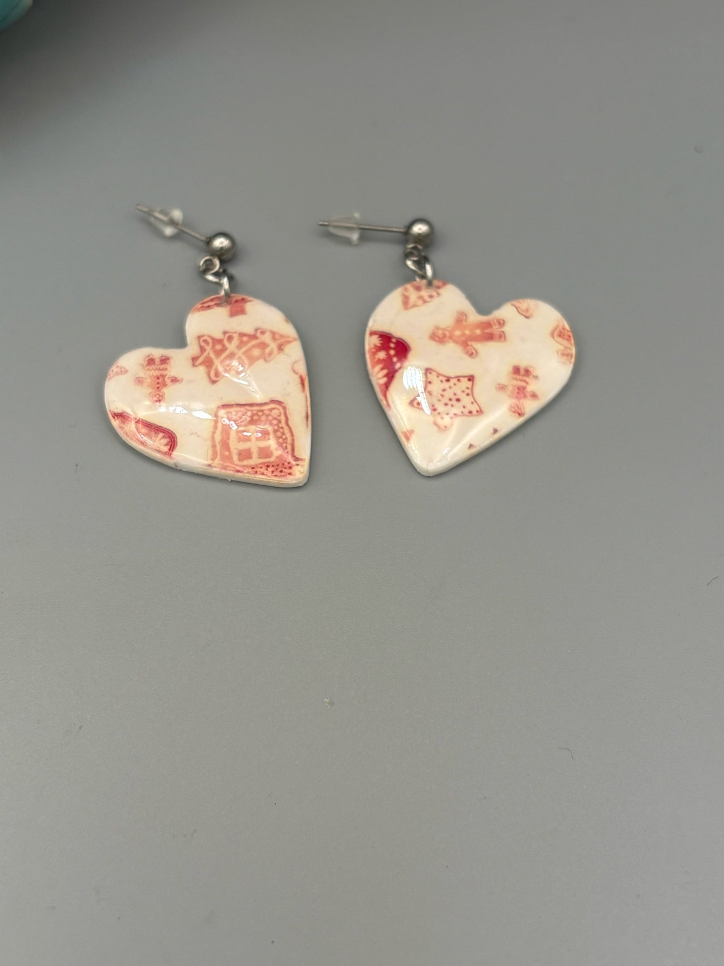 Red & White Christmas Heart DangleEarrings - handcrafted polymer clay earrings by Lakeside Clay