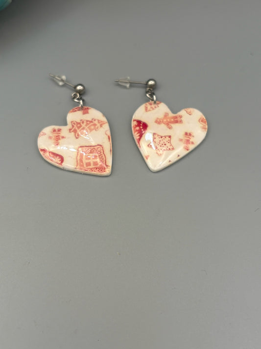 Red & White Christmas Heart DangleEarrings - handcrafted polymer clay earrings by Lakeside Clay