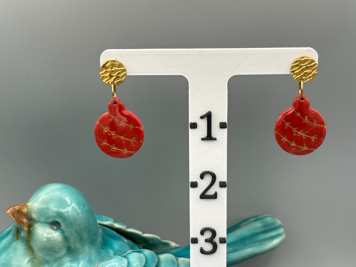 Red & Gold Bauble Dangle Earrings - handcrafted polymer clay earrings by Lakeside Clay