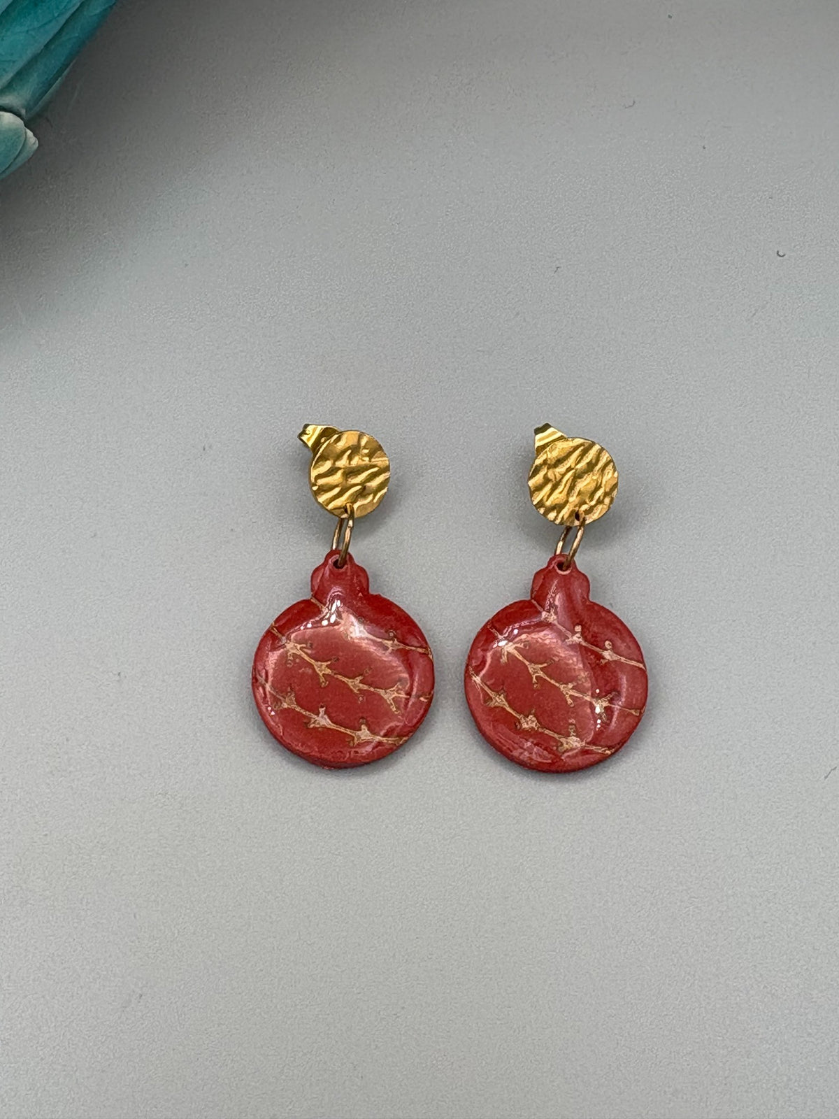 Red & Gold Bauble Dangle Earrings - handcrafted polymer clay earrings by Lakeside Clay