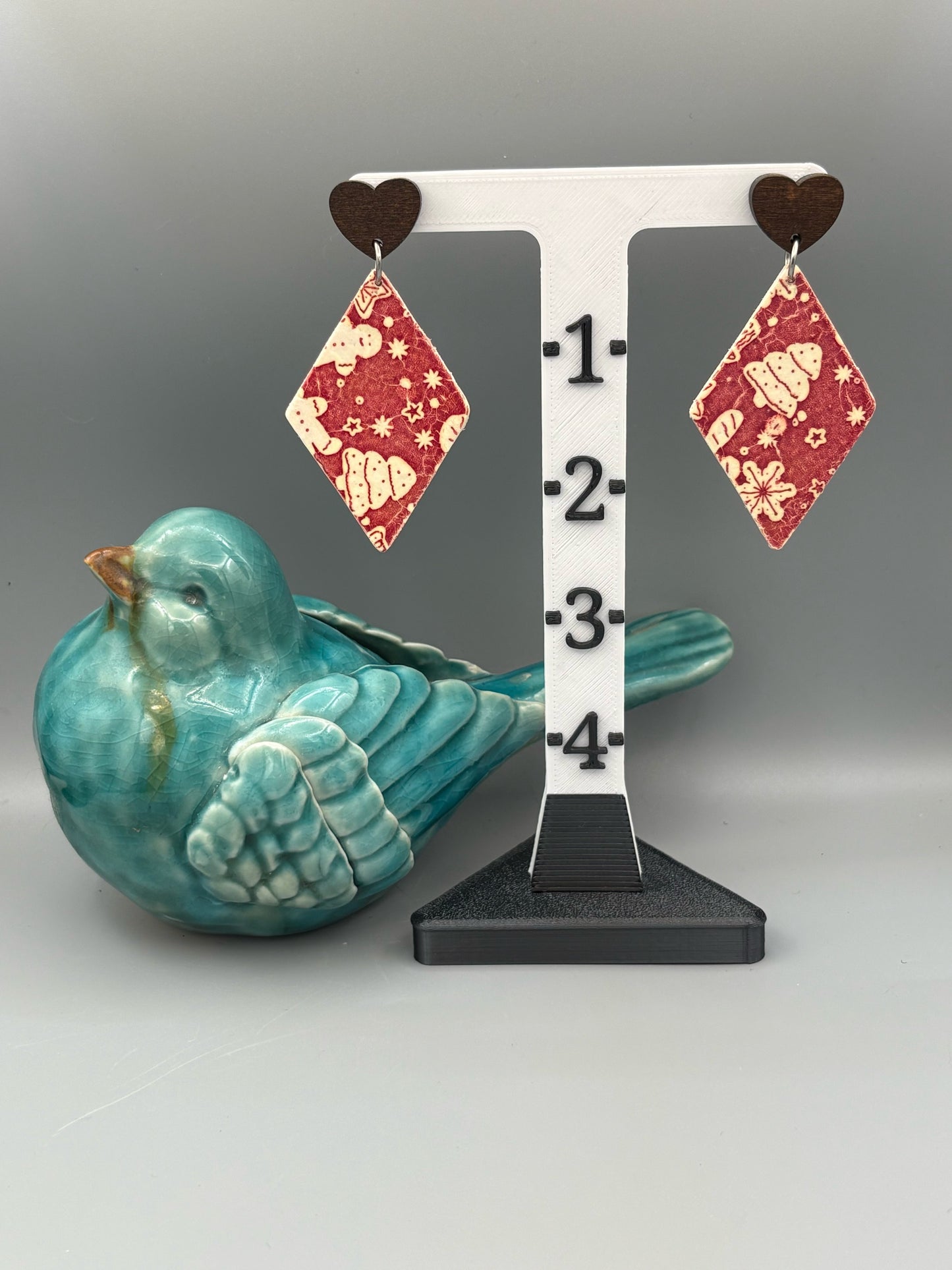 Red Christmas Pattern Diamond Dangle Earrings - handcrafted polymer clay earrings by Lakeside Clay