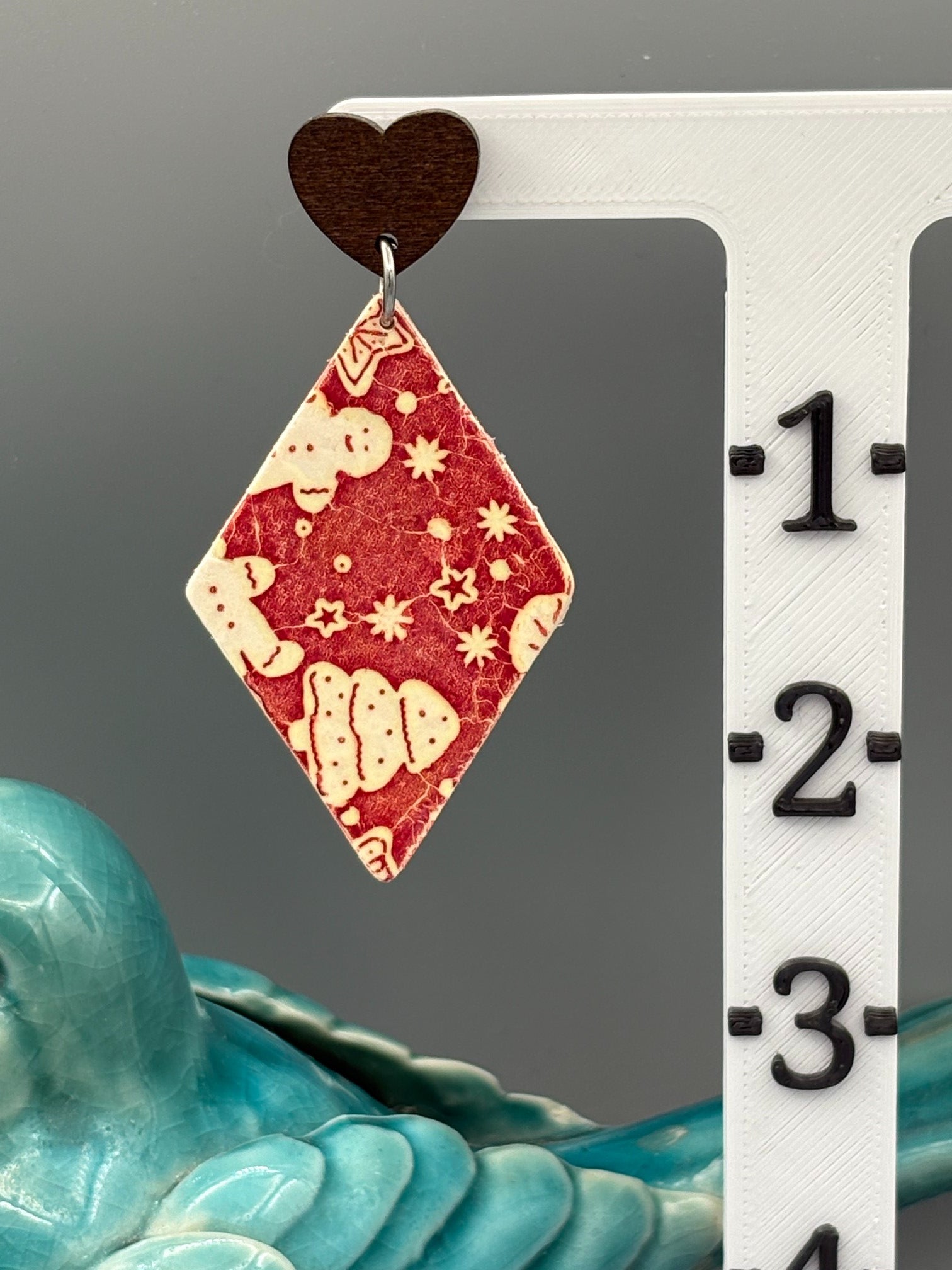 Red Christmas Pattern Diamond Dangle Earrings - handcrafted polymer clay earrings by Lakeside Clay