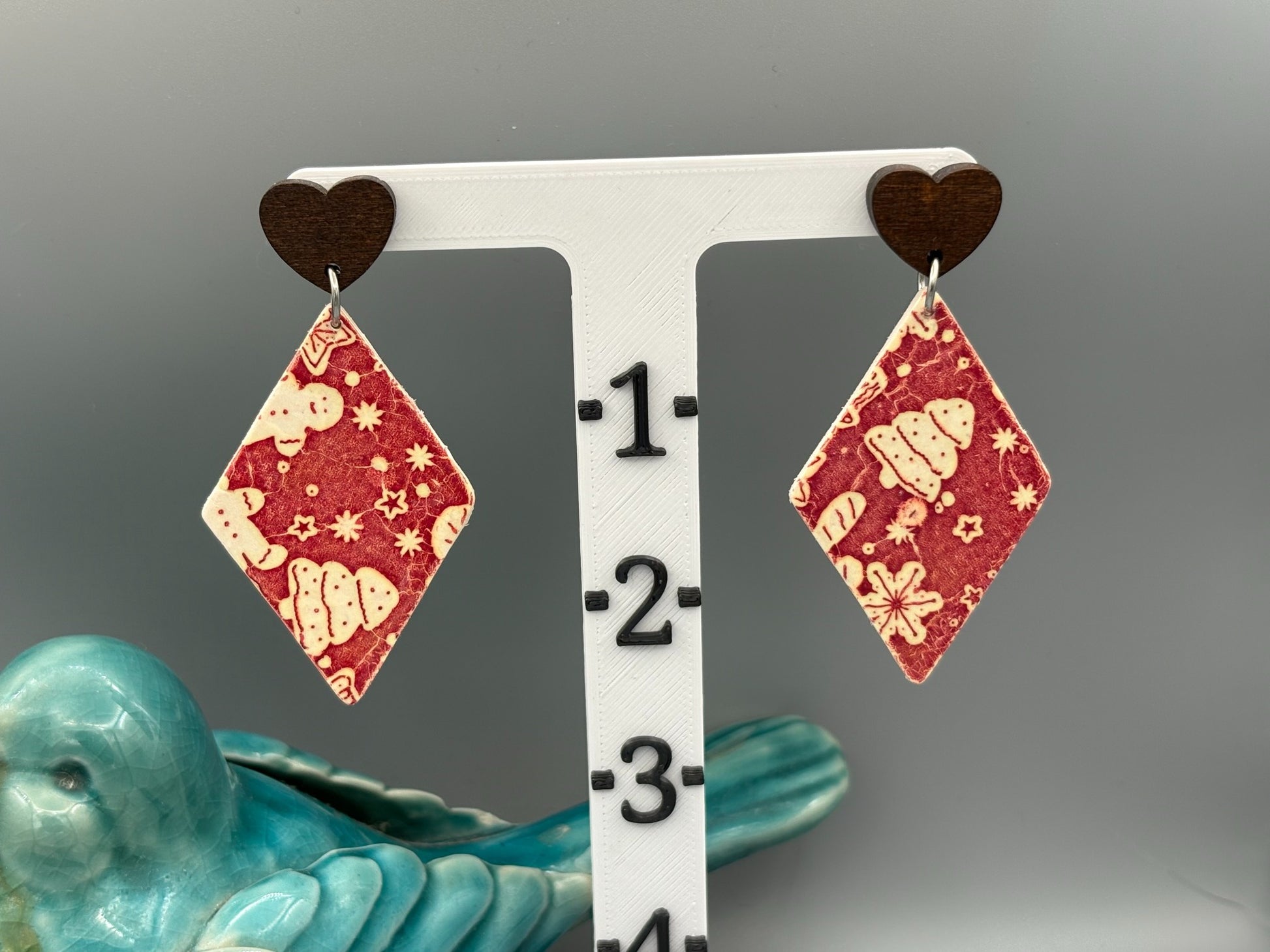 Red Christmas Pattern Diamond Dangle Earrings - handcrafted polymer clay earrings by Lakeside Clay