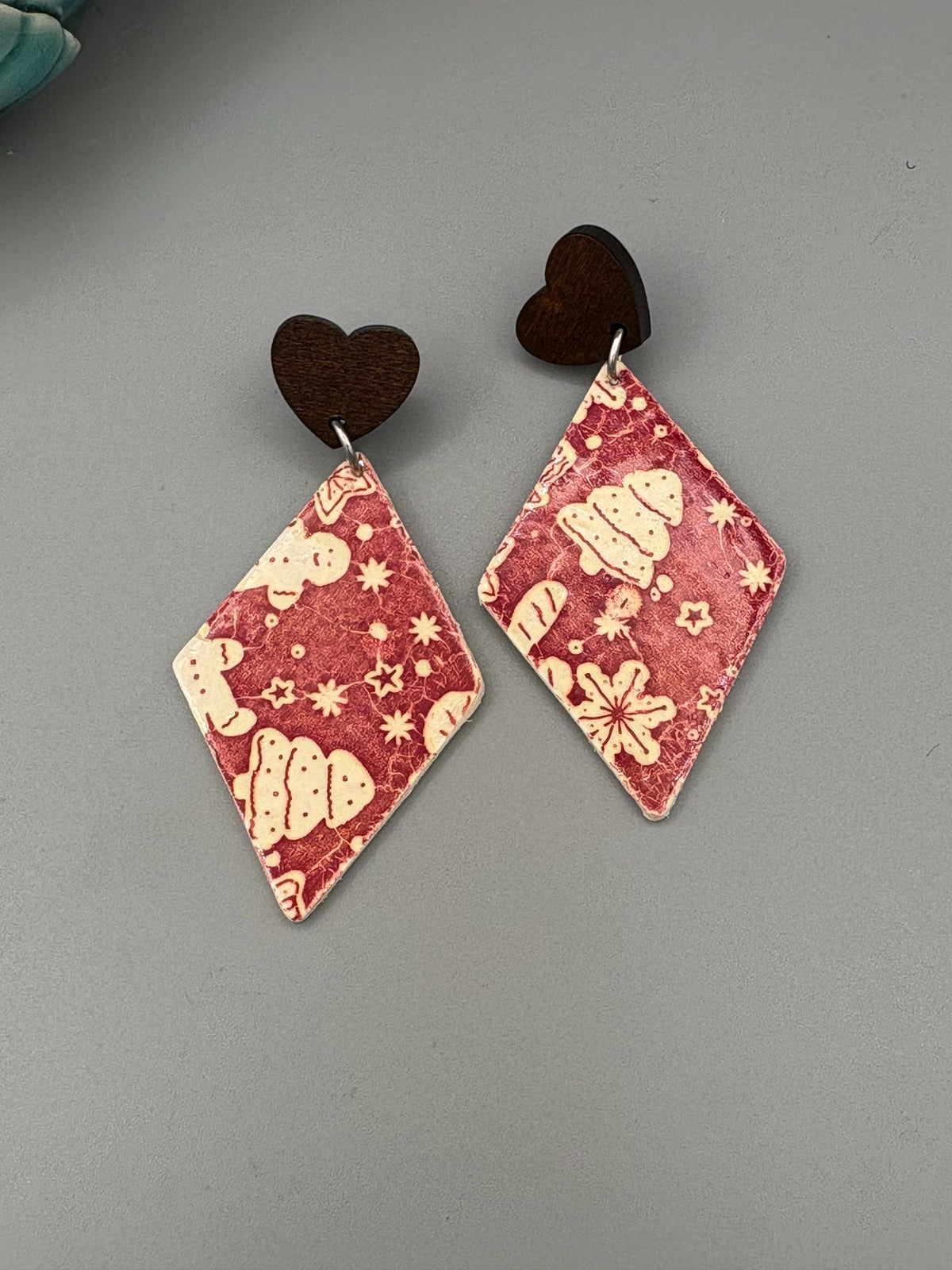 Red Christmas Pattern Diamond Dangle Earrings - handcrafted polymer clay earrings by Lakeside Clay