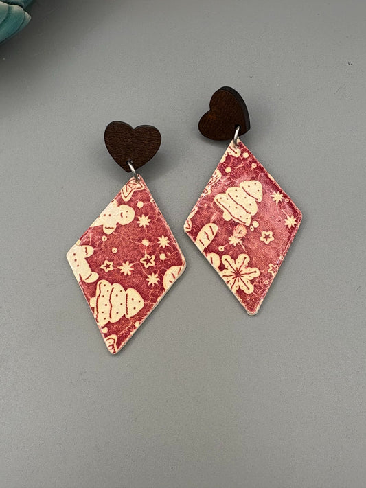 Red Christmas Pattern Diamond Dangle Earrings - handcrafted polymer clay earrings by Lakeside Clay