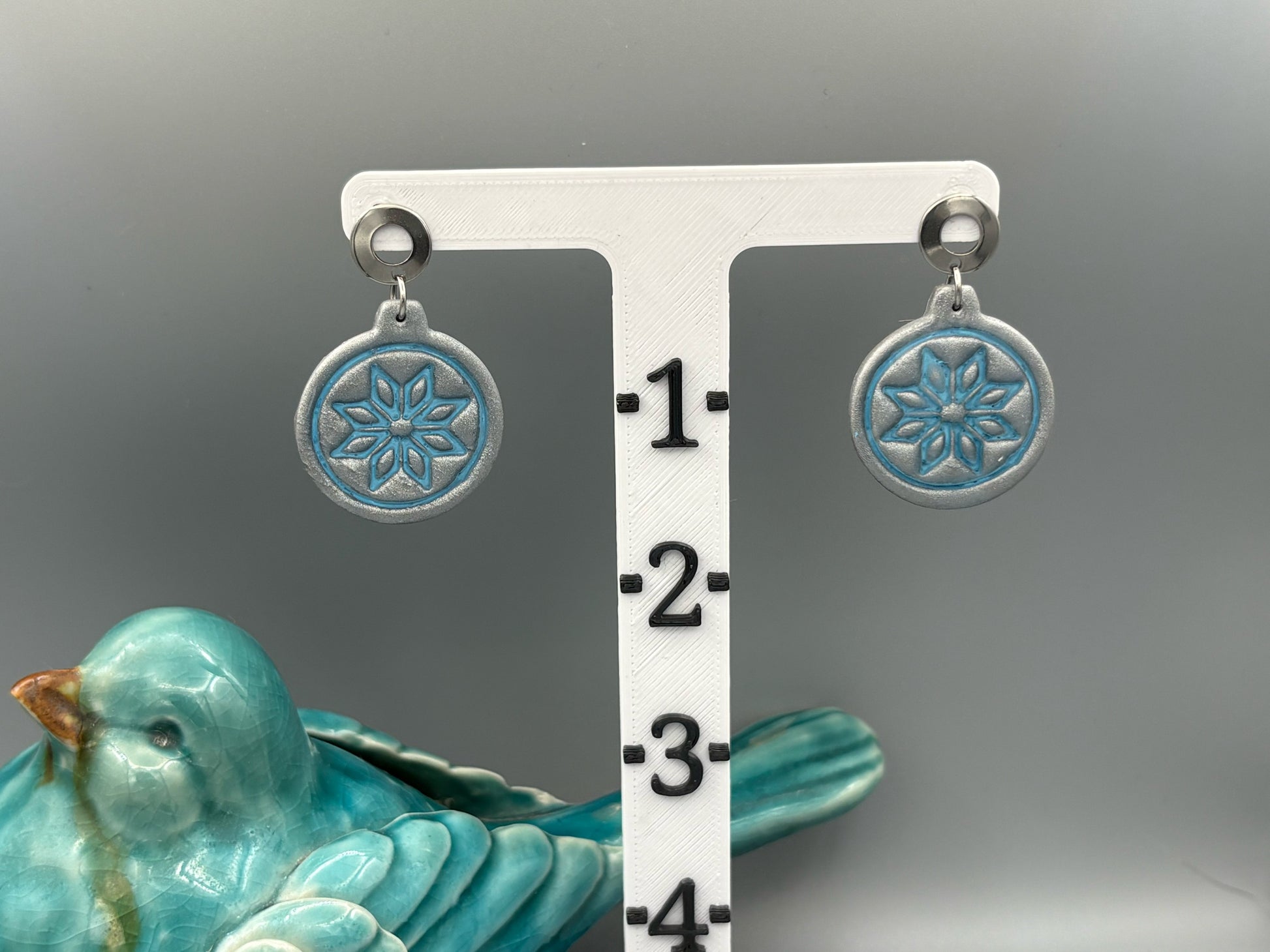 Blue Snowflake Bauble Dangle Earrings - handcrafted polymer clay earrings by Lakeside Clay
