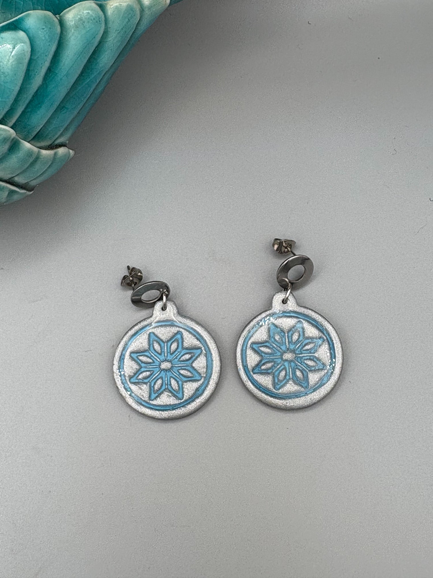 Blue Snowflake Bauble Dangle Earrings - handcrafted polymer clay earrings by Lakeside Clay