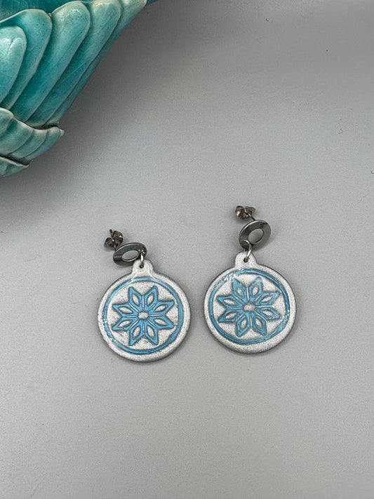 Blue Snowflake Bauble Dangle Earrings - handcrafted polymer clay earrings by Lakeside Clay