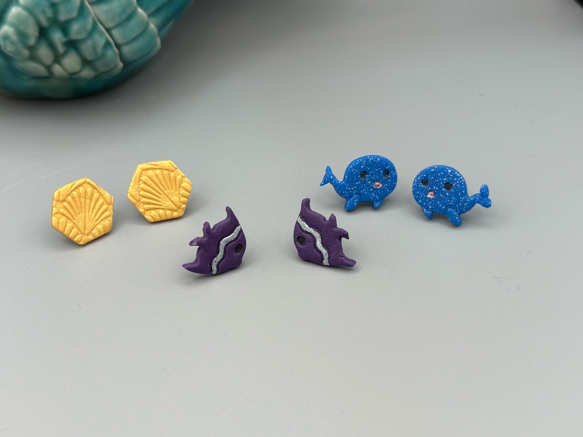 Whales, Fish, Hexagon Stud Earrings - handcrafted polymer clay earrings by Lakeside Clay