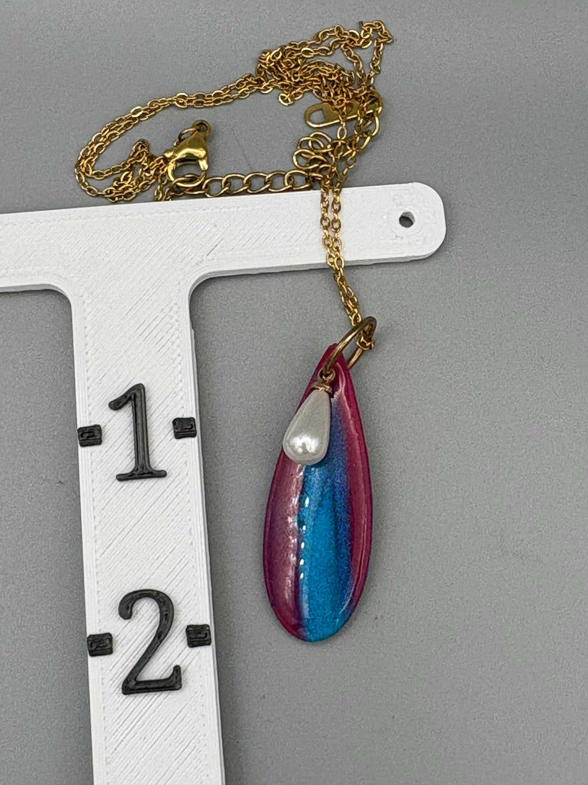 Purple & Teal Drop Necklace with Faux Pearl Charm