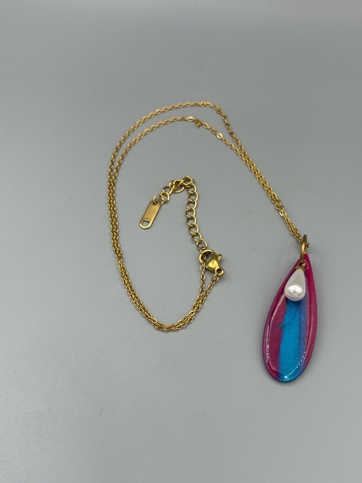 Purple & Teal Drop Necklace with Faux Pearl Charm