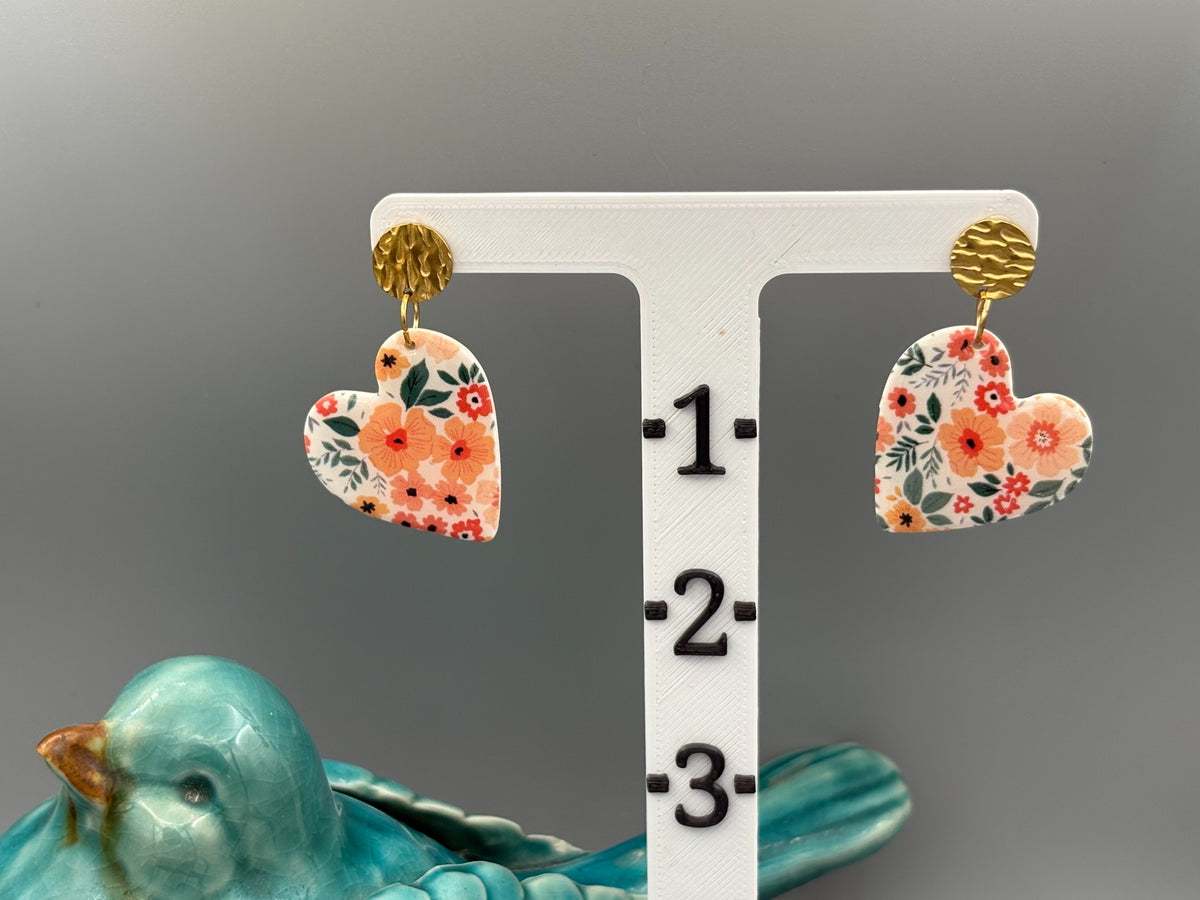 Flower Pattern Heart Dangle Earrings