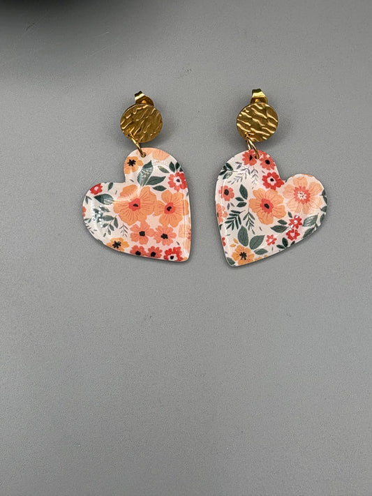 Flower Pattern Heart Dangle Earrings