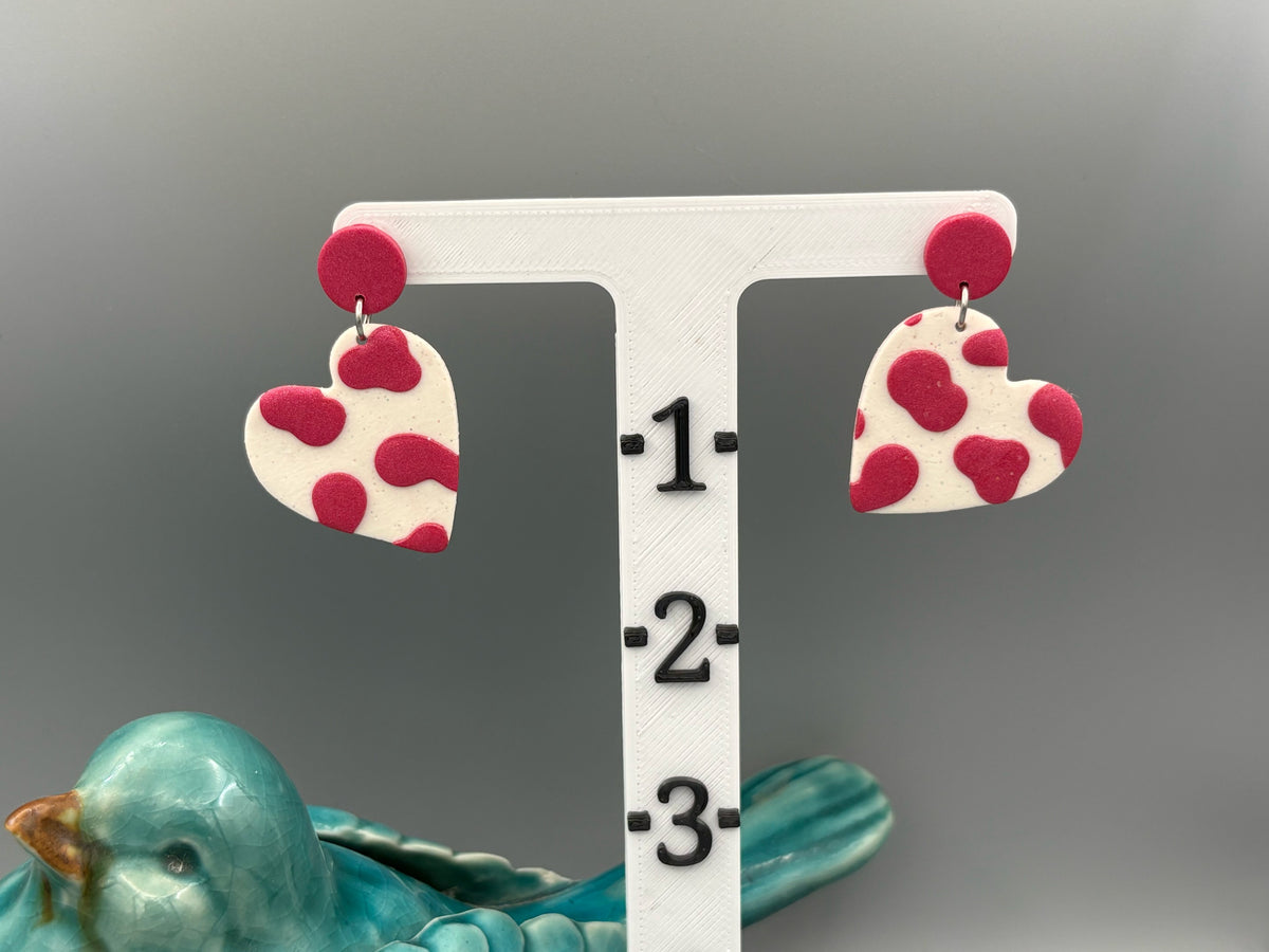 Pink Cow Print Heart Dangle Earrings