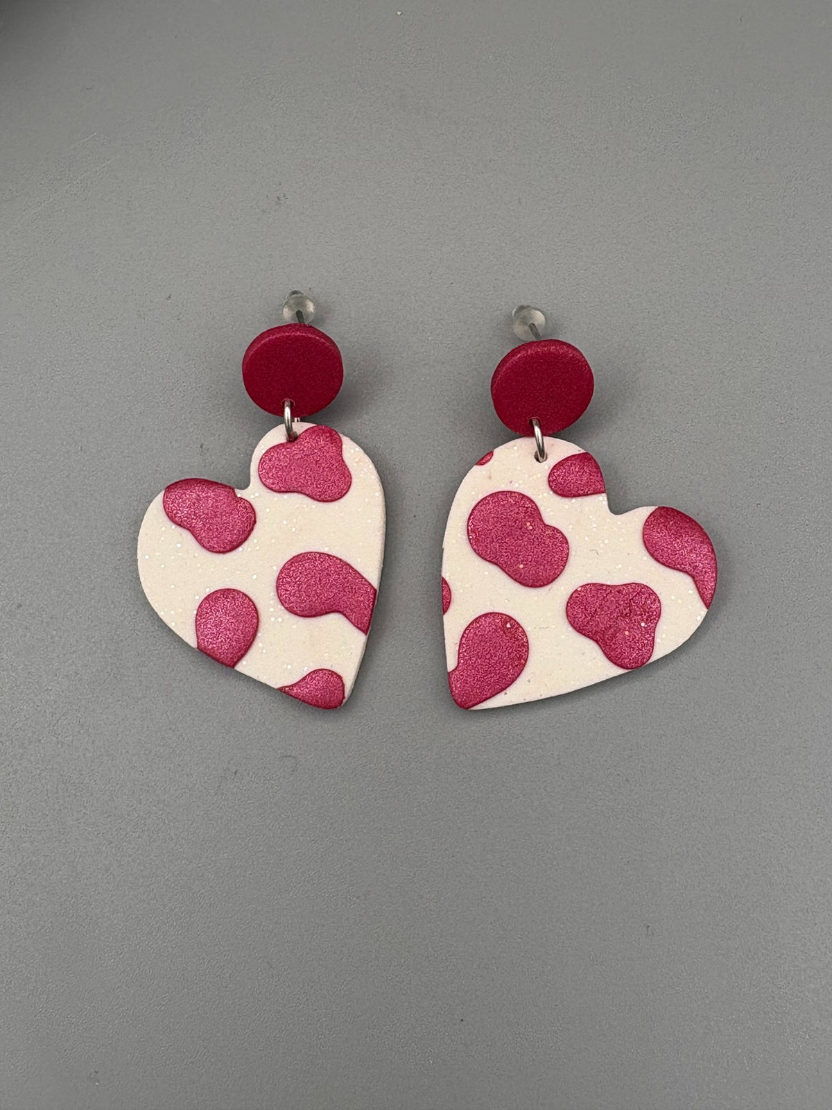 Pink Cow Print Heart Dangle Earrings