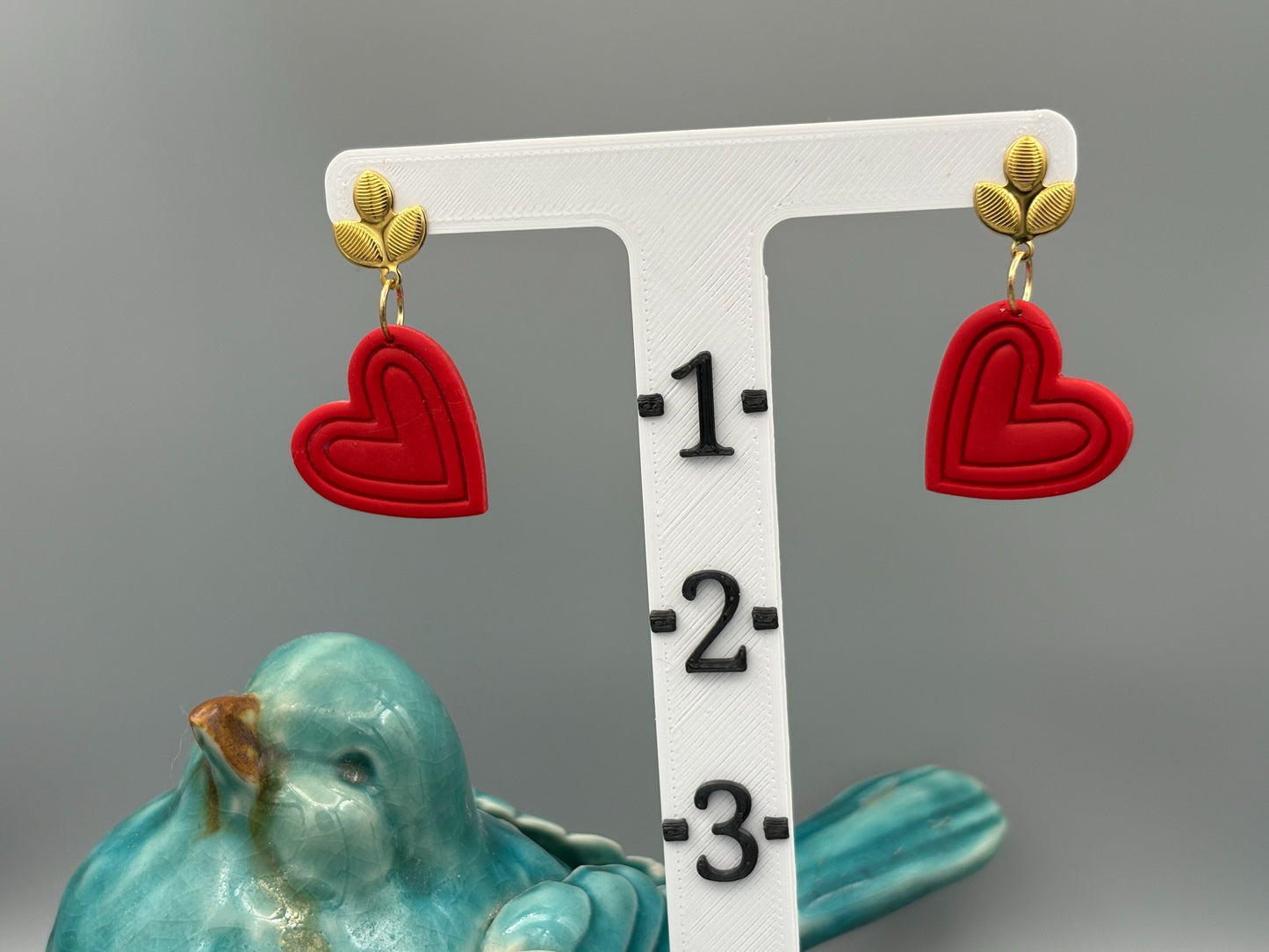 Red Heart Dangle Earrings - handcrafted polymer clay earrings by Lakeside Clay