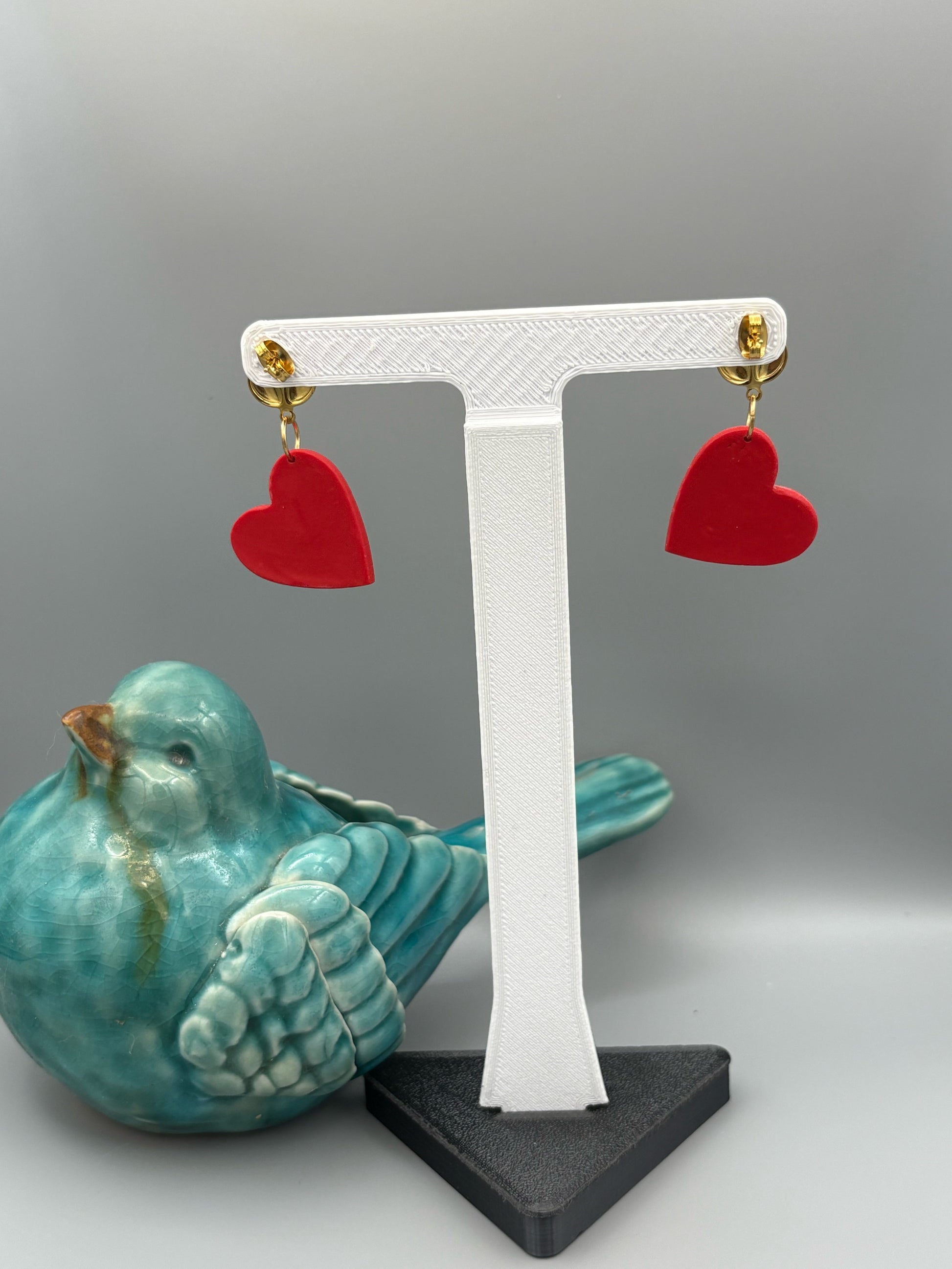Red Heart Dangle Earrings - handcrafted polymer clay earrings by Lakeside Clay