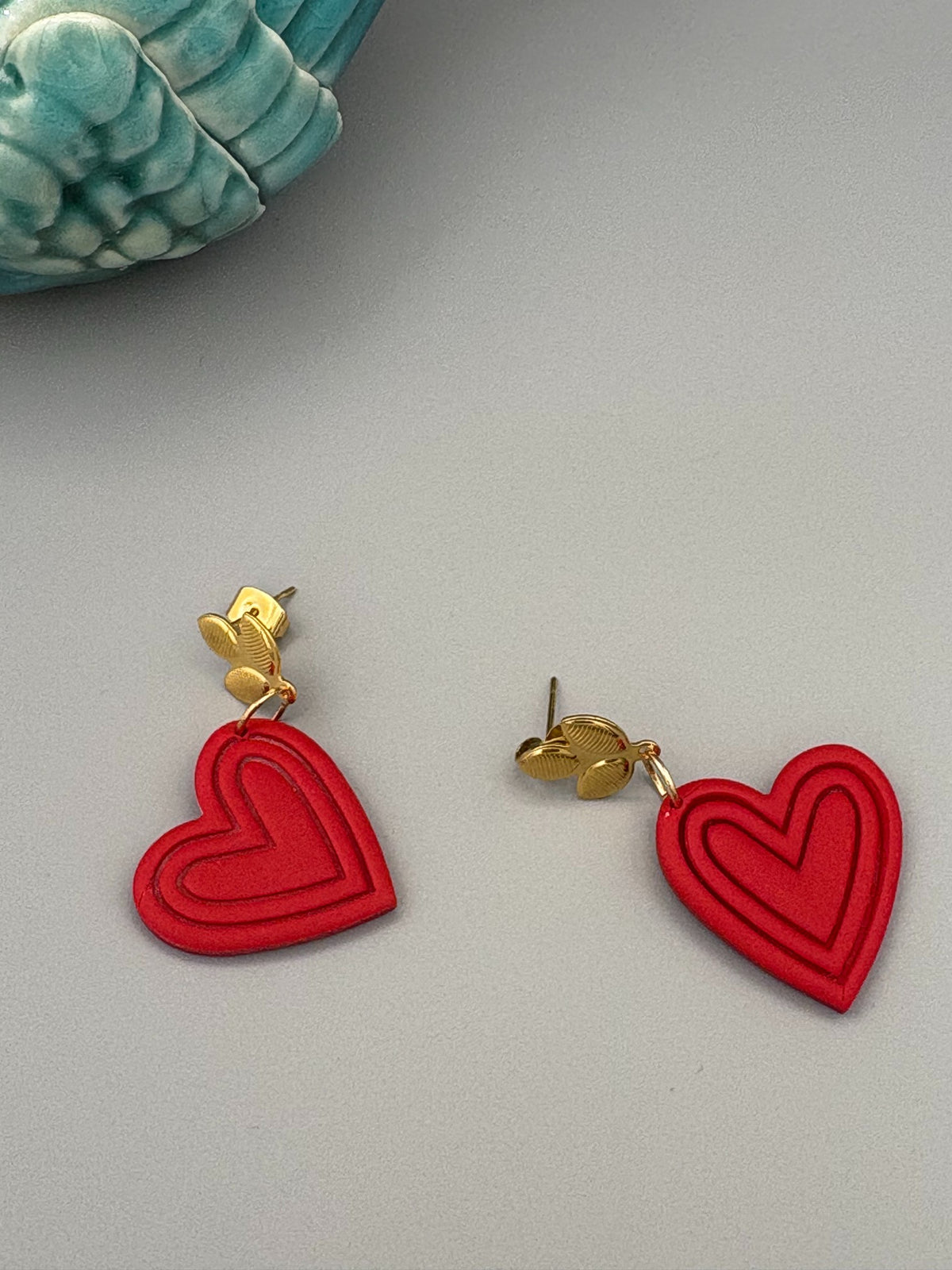 Red Heart Dangle Earrings - handcrafted polymer clay earrings by Lakeside Clay
