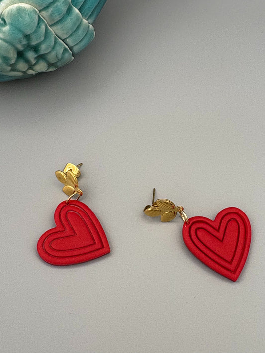 Red Heart Dangle Earrings - handcrafted polymer clay earrings by Lakeside Clay