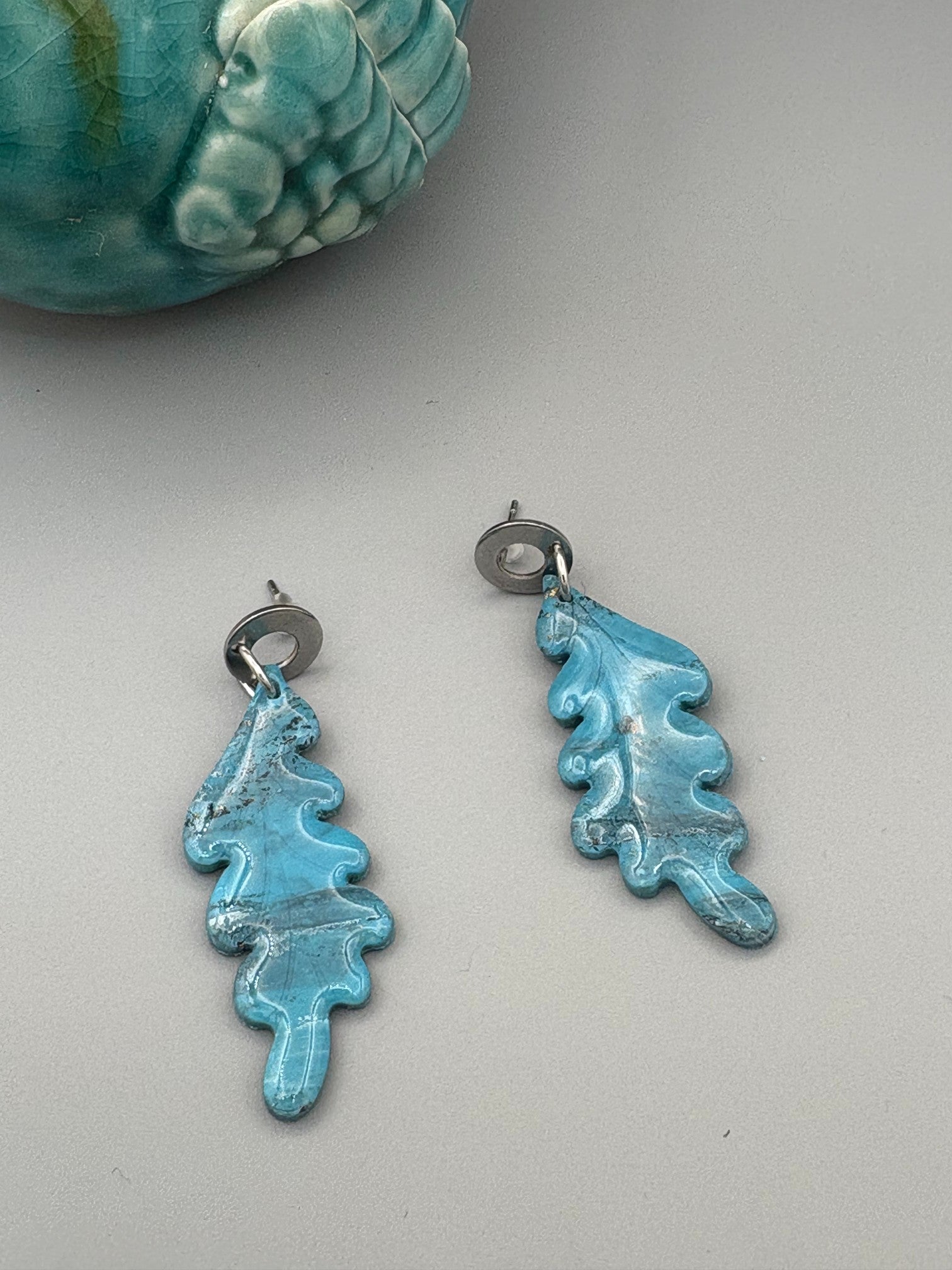 Faux Turquoise Leaf Dangle Earrings - handcrafted polymer clay earrings by Lakeside Clay