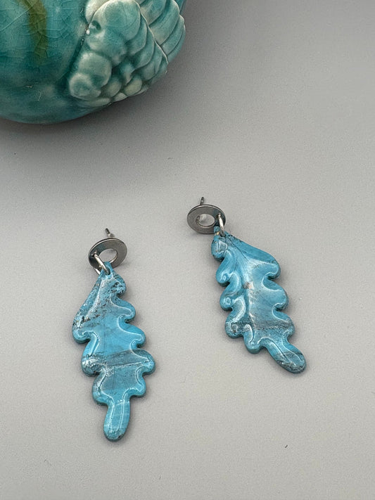 Faux Turquoise Leaf Dangle Earrings - handcrafted polymer clay earrings by Lakeside Clay