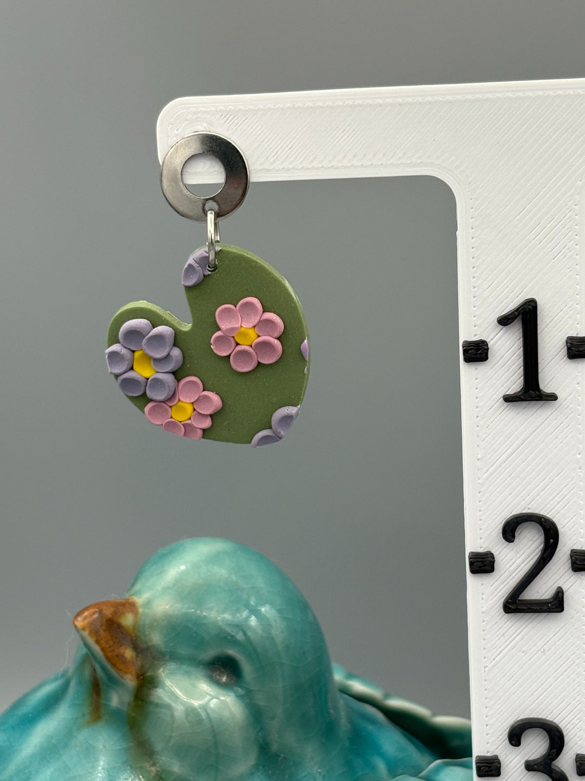 Lavender Fields Heart Dangle Earrings - handcrafted polymer clay earrings by Lakeside Clay