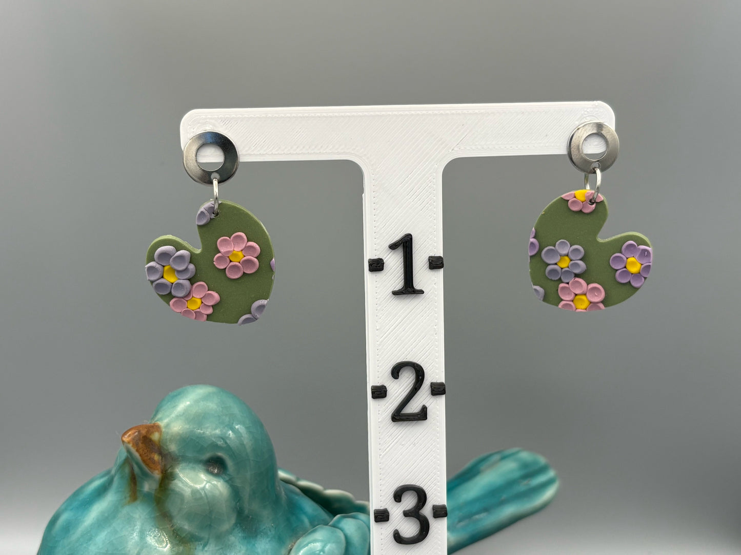 Lavender Fields Heart Dangle Earrings - handcrafted polymer clay earrings by Lakeside Clay