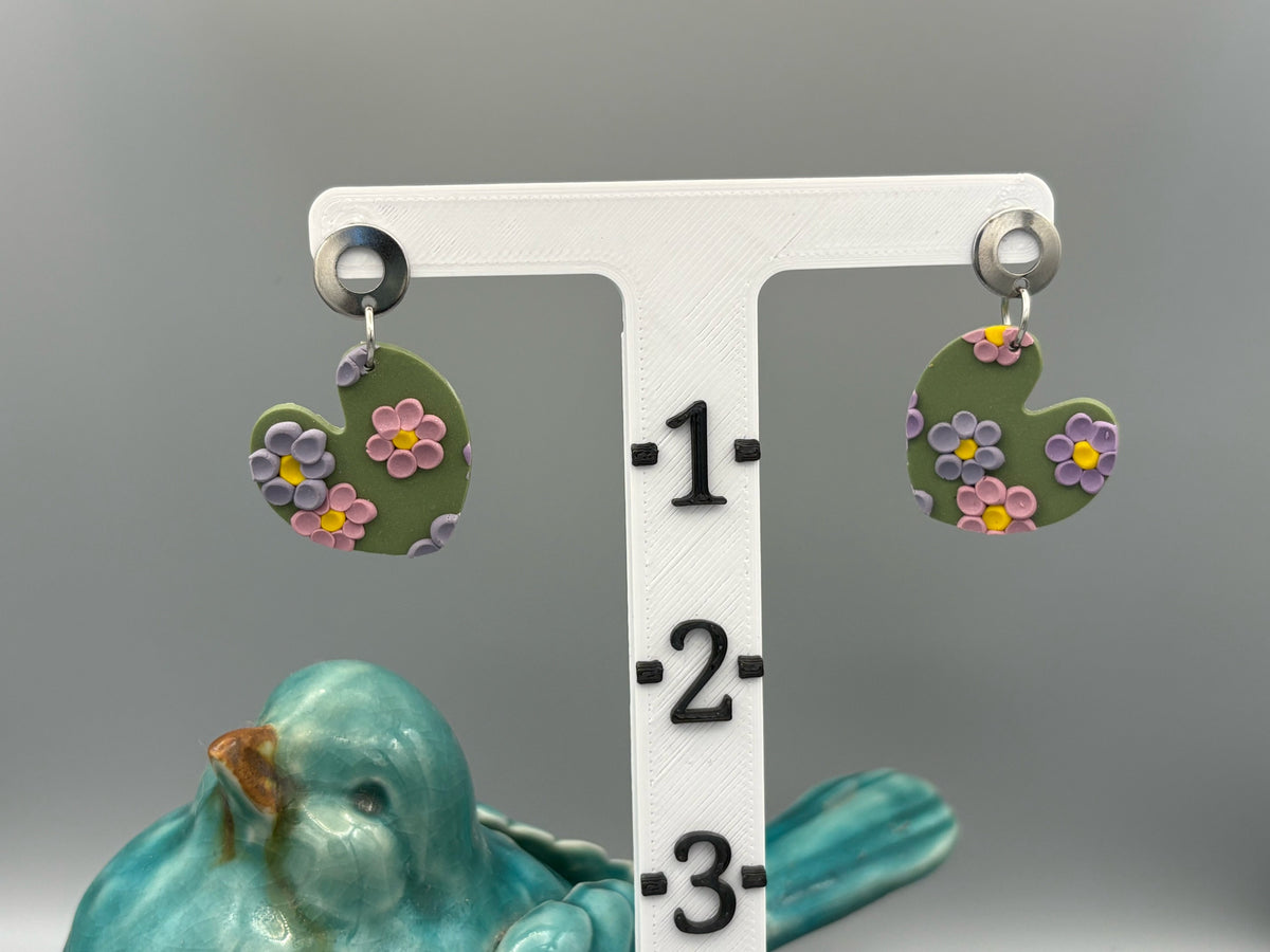 Lavender Fields Heart Dangle Earrings - handcrafted polymer clay earrings by Lakeside Clay