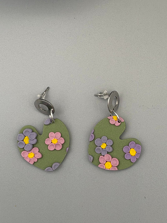 Lavender Fields Heart Dangle Earrings - handcrafted polymer clay earrings by Lakeside Clay