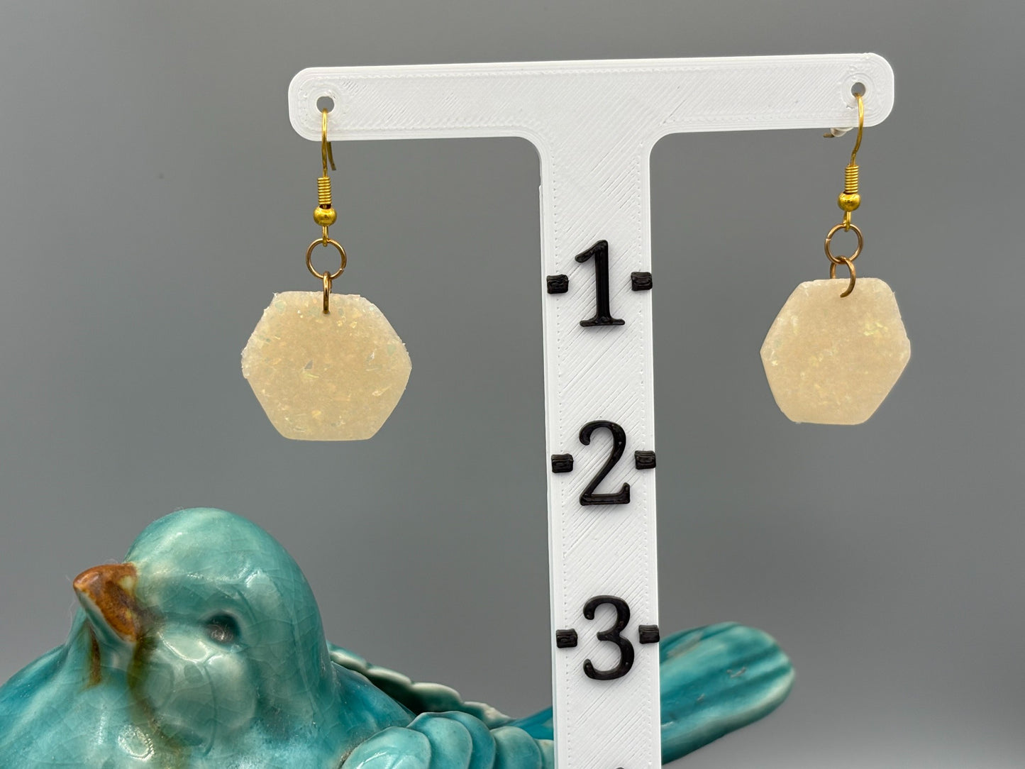 White Opalescent Hexagon Dangle Earrings - handcrafted polymer clay earrings by Lakeside Clay