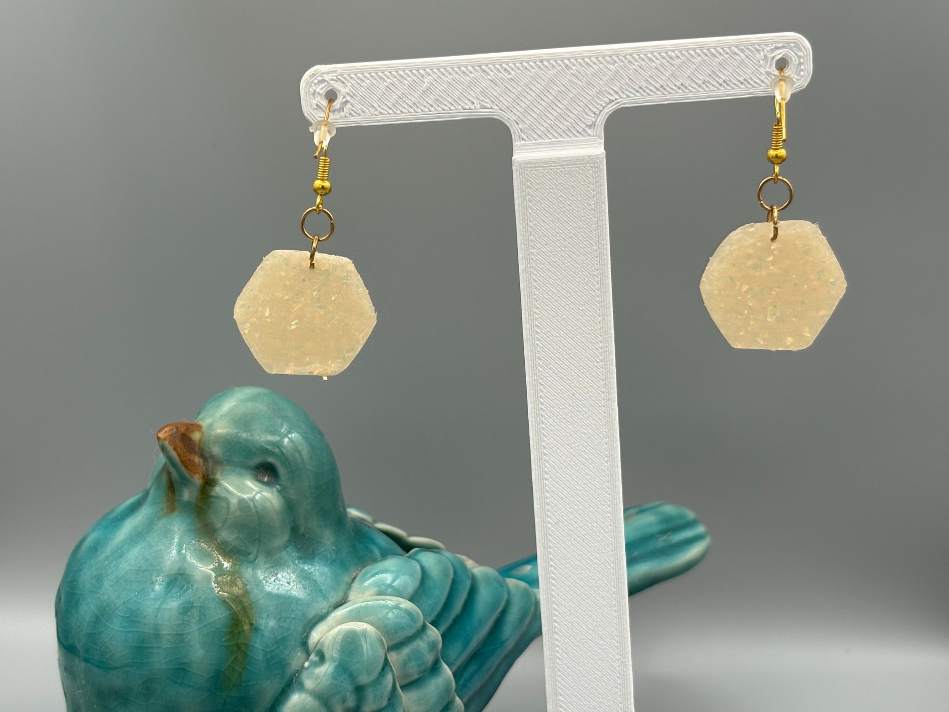 White Opalescent Hexagon Dangle Earrings - handcrafted polymer clay earrings by Lakeside Clay