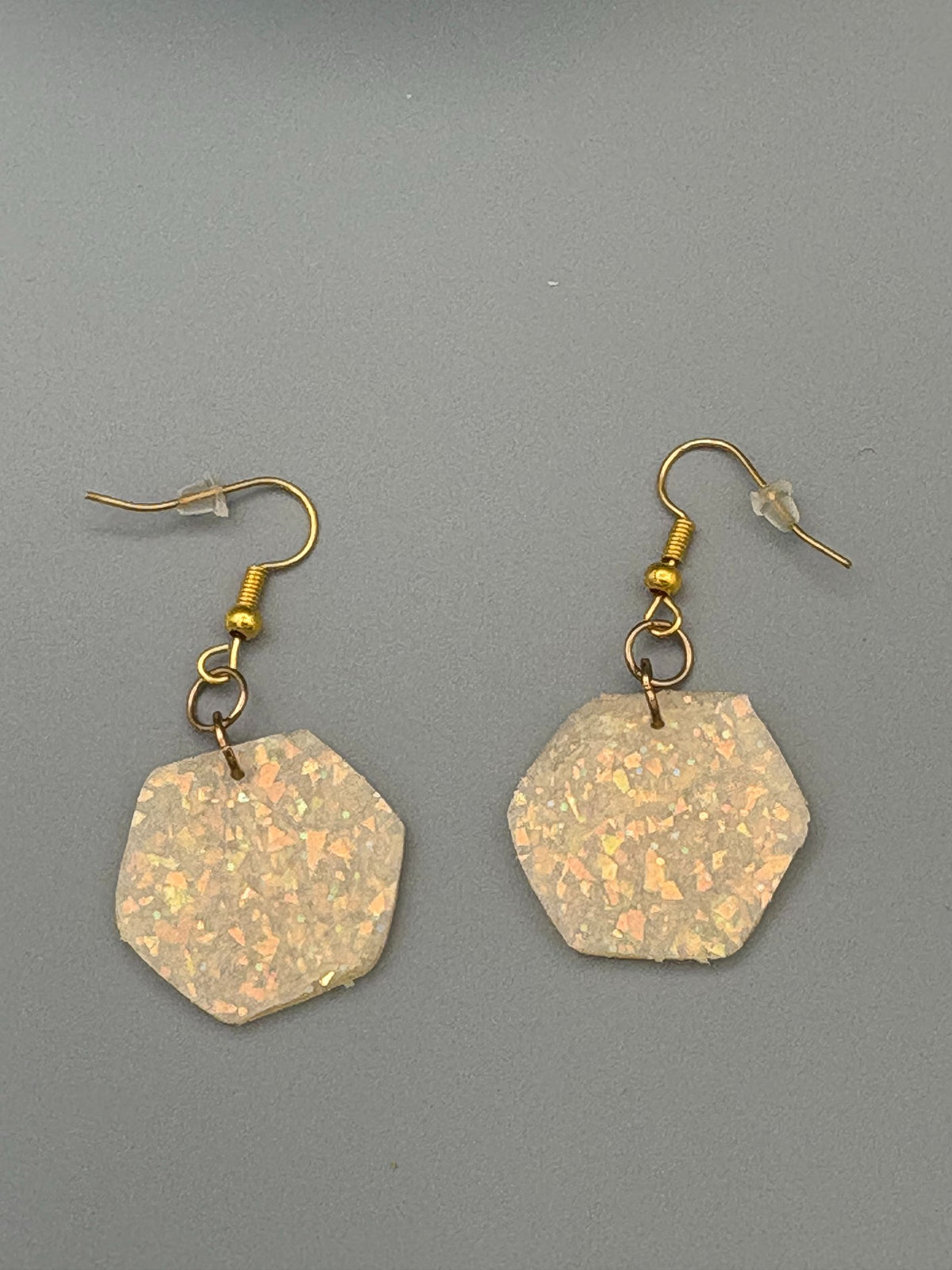 White Opalescent Hexagon Dangle Earrings - handcrafted polymer clay earrings by Lakeside Clay