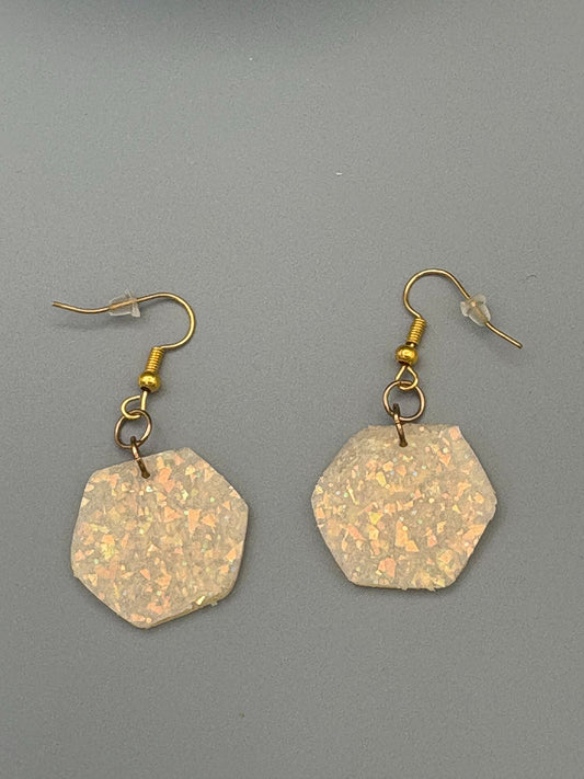 White Opalescent Hexagon Dangle Earrings - handcrafted polymer clay earrings by Lakeside Clay