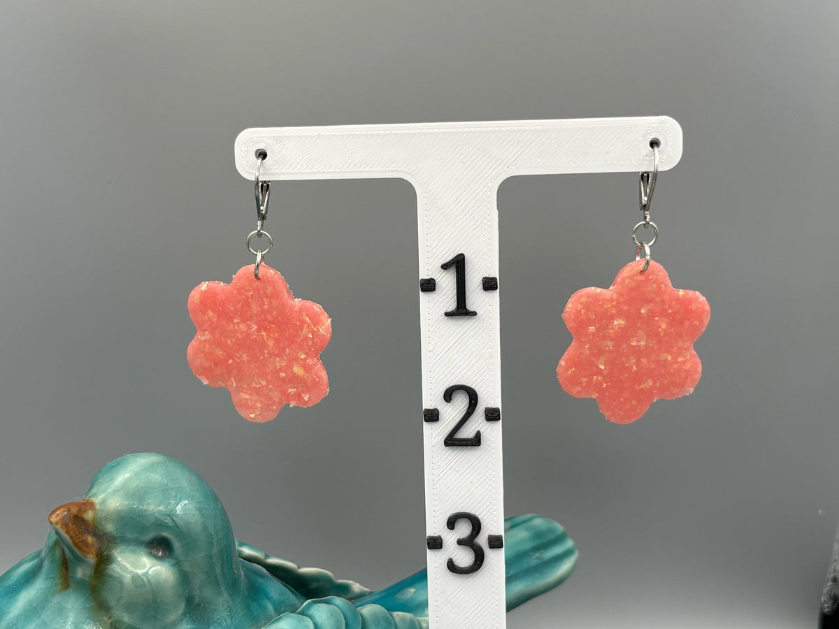 Pink Opalescent Flower Dangle Earrings - handcrafted polymer clay earrings by Lakeside Clay