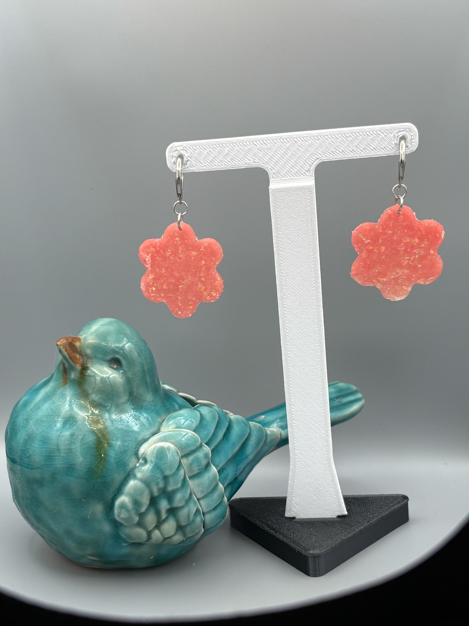 Pink Opalescent Flower Dangle Earrings - handcrafted polymer clay earrings by Lakeside Clay