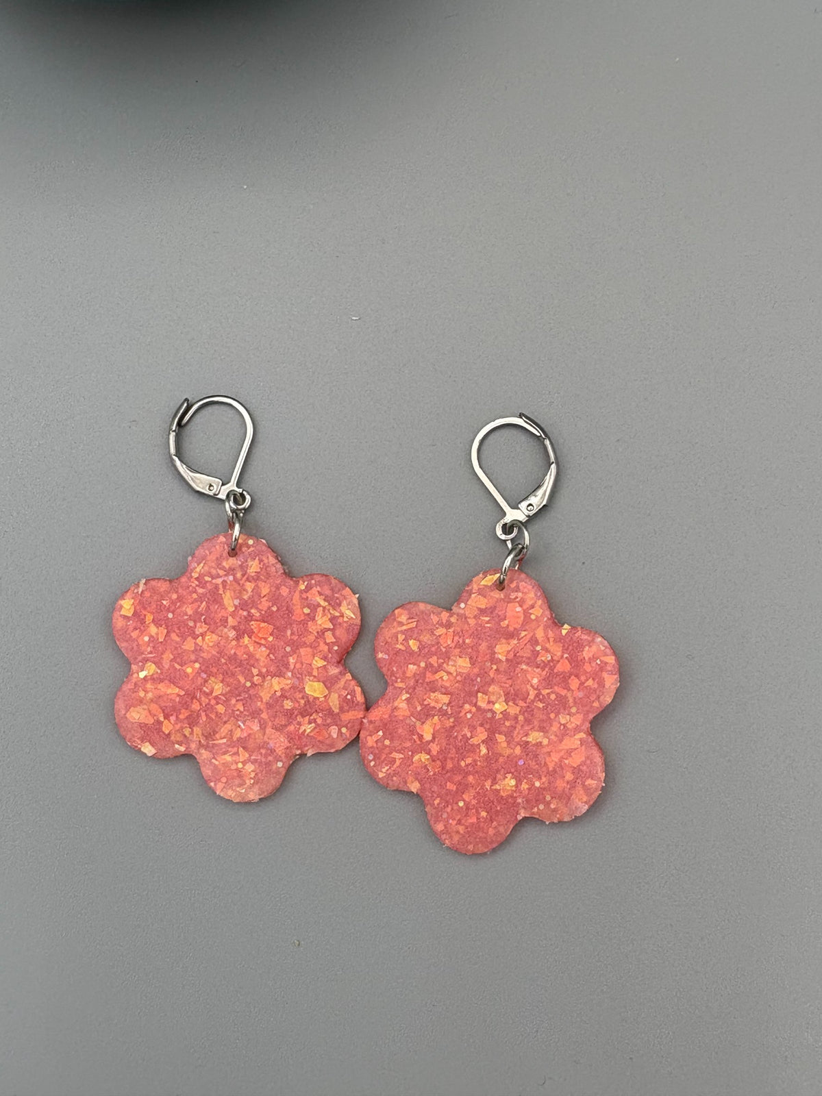 Pink Opalescent Flower Dangle Earrings - handcrafted polymer clay earrings by Lakeside Clay